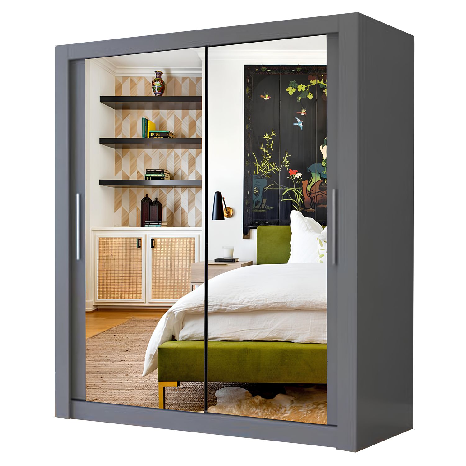 Milan Full Mirror Sliding Door Wardrobe – 2 or 3 Doors – Multiple Sizes & Colours – Shelves, Rails, Drawers