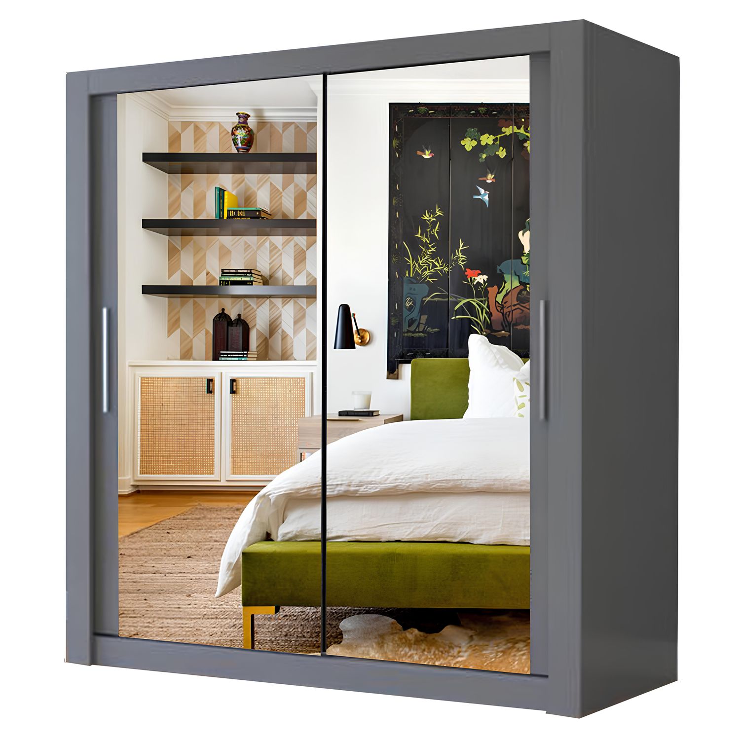 Milan Full Mirror Sliding Door Wardrobe – 2 or 3 Doors – Multiple Sizes & Colours – Shelves, Rails, Drawers