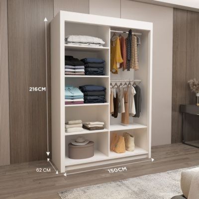 Milan Full Mirror Sliding Door Wardrobe – 2 or 3 Doors – Multiple Sizes & Colours – Shelves, Rails, Drawers