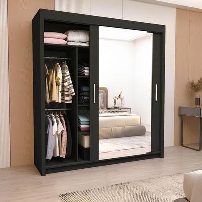 Milan Full Mirror Sliding Door Wardrobe – 2 or 3 Doors – Multiple Sizes & Colours – Shelves, Rails, Drawers