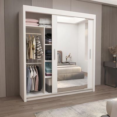 Milan Full Mirror Sliding Door Wardrobe – 2 or 3 Doors – Multiple Sizes & Colours – Shelves, Rails, Drawers