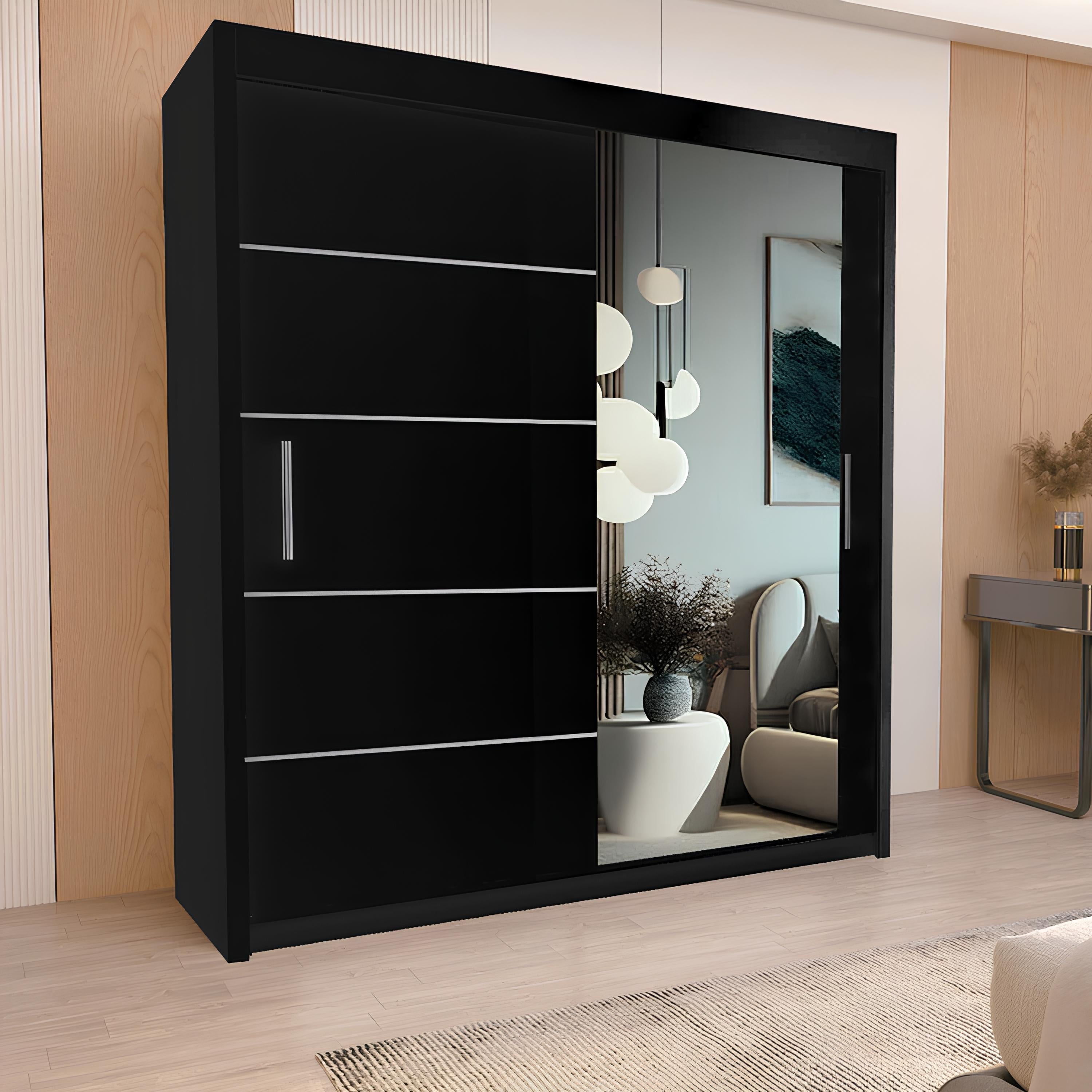 LYON Sliding Door Wardrobe with Mirror – 2 or 3 Doors – Multiple Sizes & Colours – Shelves, Rails & Drawers
