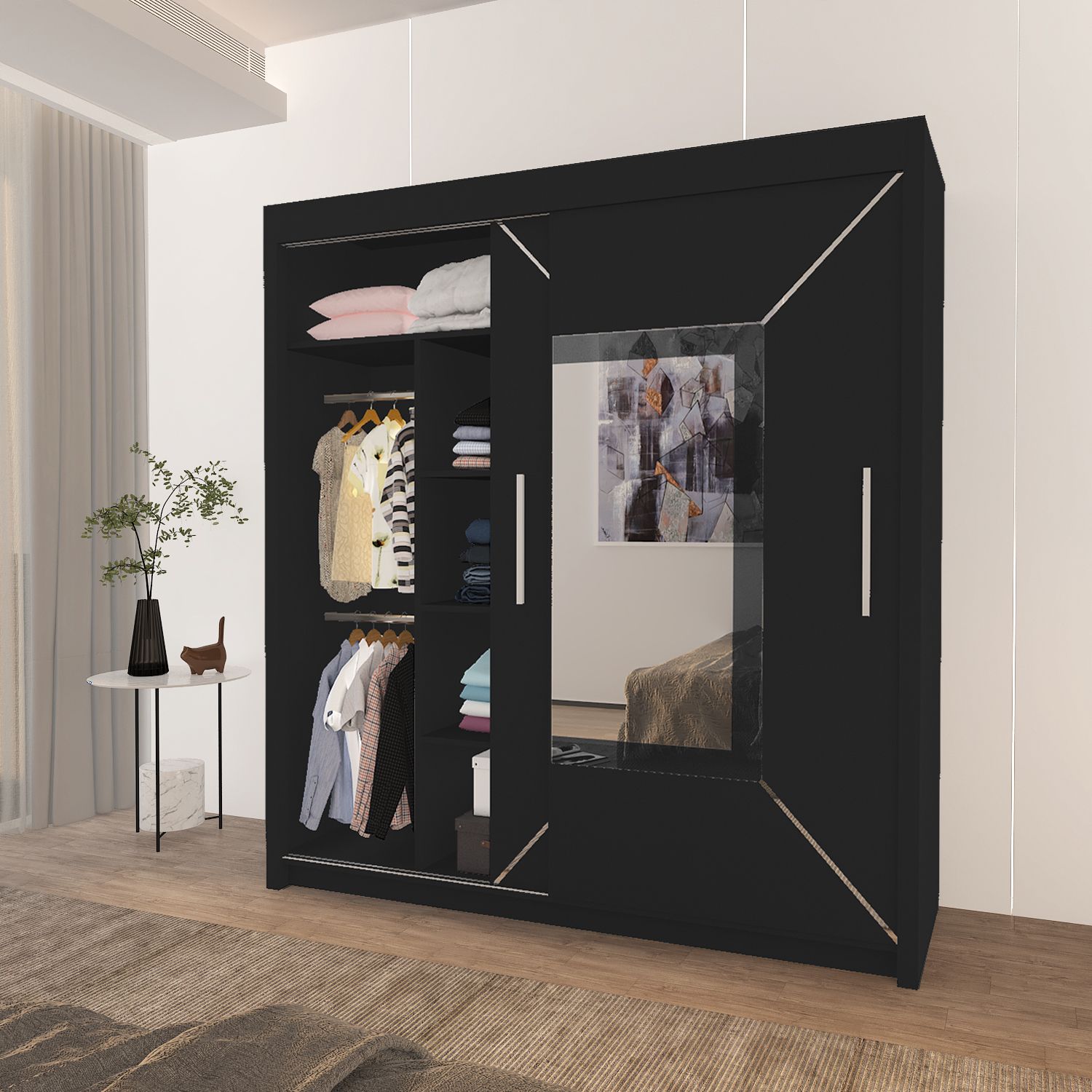 VENICE Sliding Door Wardrobe with Mirrors – 150cm, 180cm, 203cm – Modern Storage with Shelves & Hanging Rails