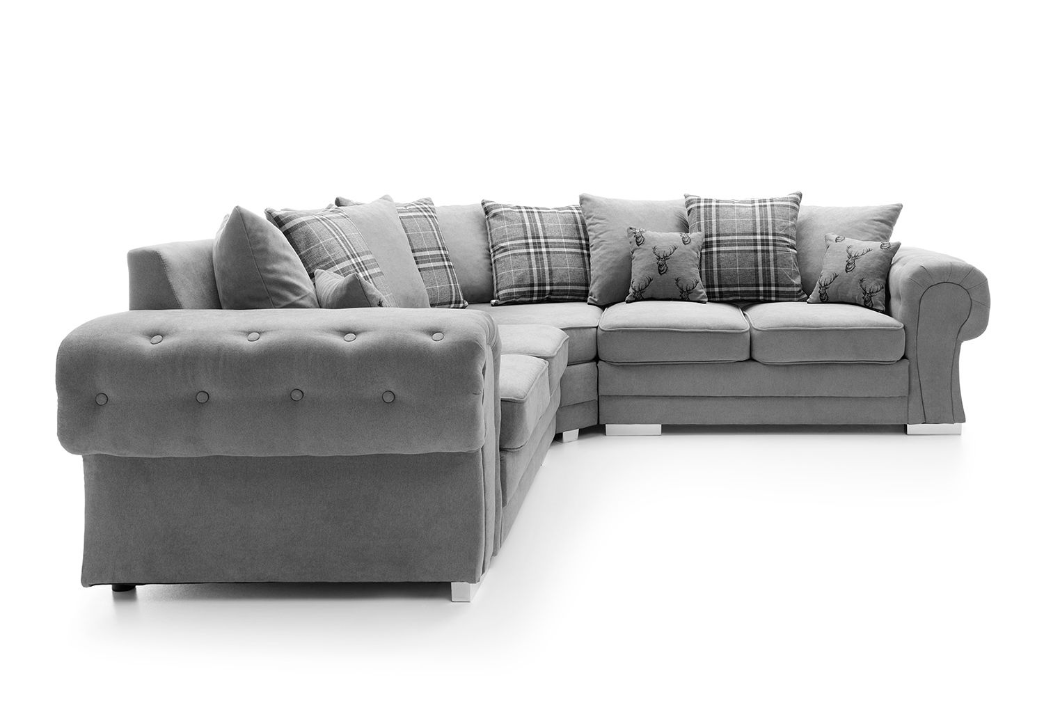 Verona Chenille Corner Sofa – Scroll Arm Tufted Design – 2, 3, or Corner Seater – Chrome Legs