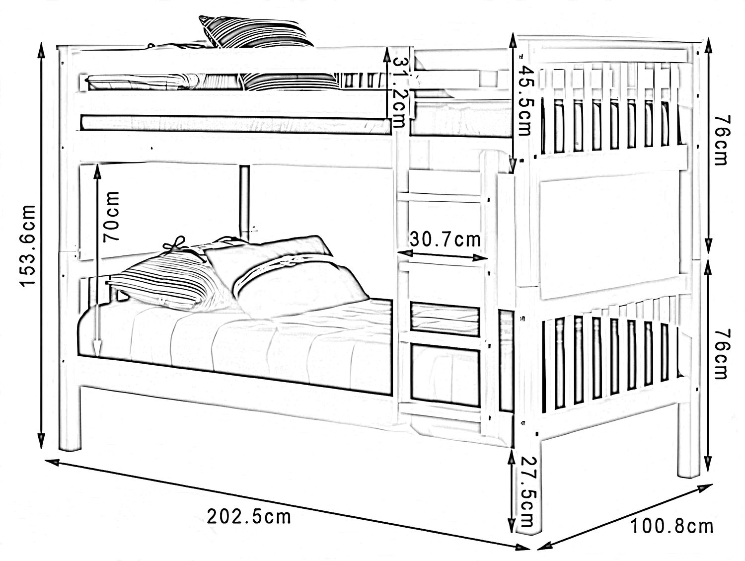 Lily Wooden Bunk Bed with Pull-Out Trundle – Solid Pine Space-Saving Frame – Kids Bedroom Furniture