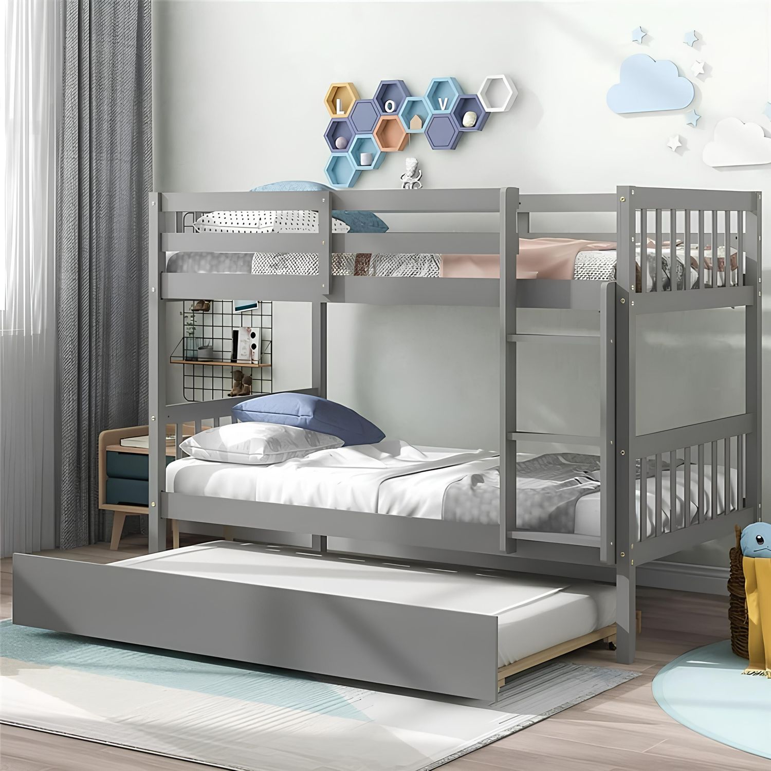 Lily Wooden Bunk Bed with Pull-Out Trundle – Solid Pine Space-Saving Frame – Kids Bedroom Furniture