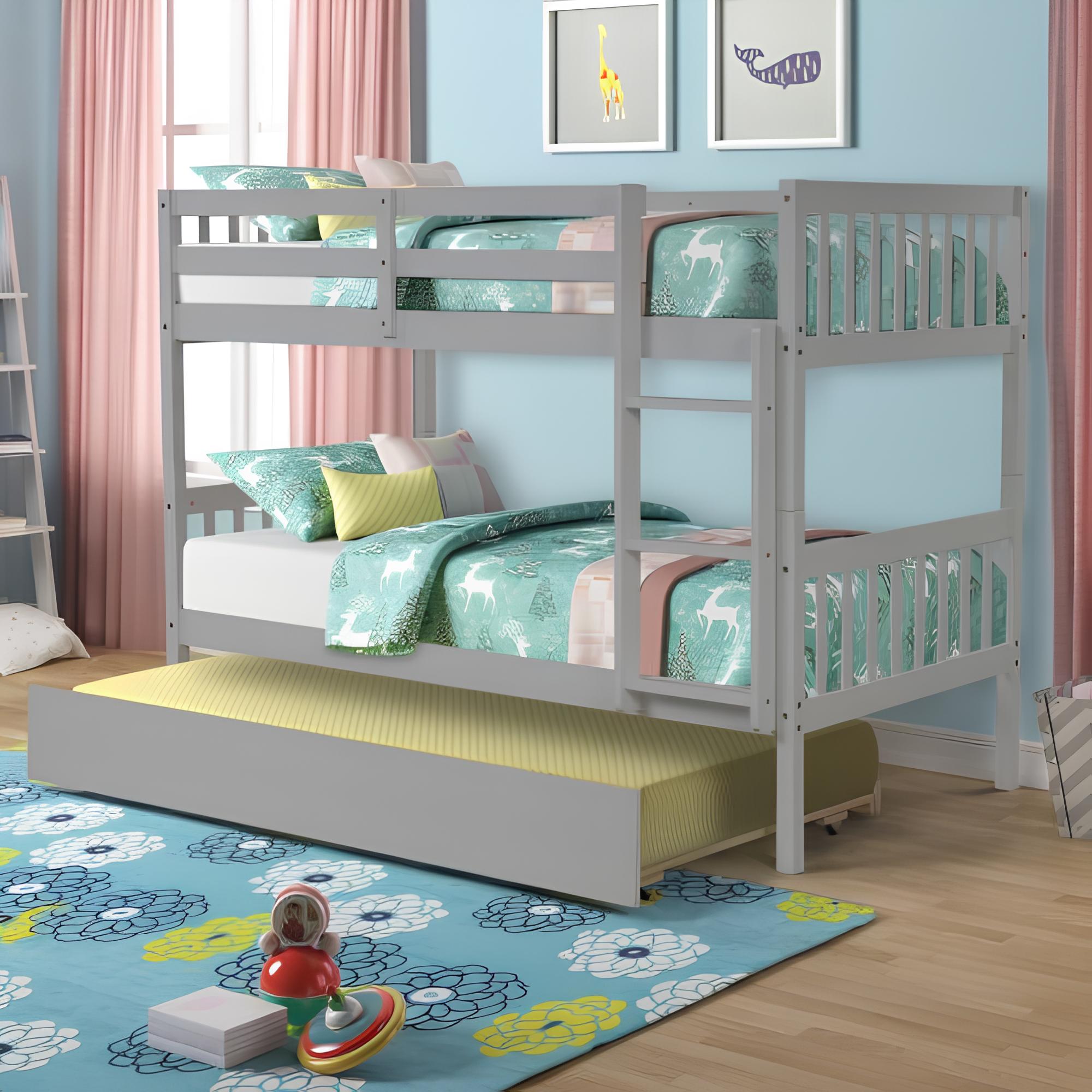 Lily Wooden Bunk Bed with Pull-Out Trundle – Solid Pine Space-Saving Frame – Kids Bedroom Furniture