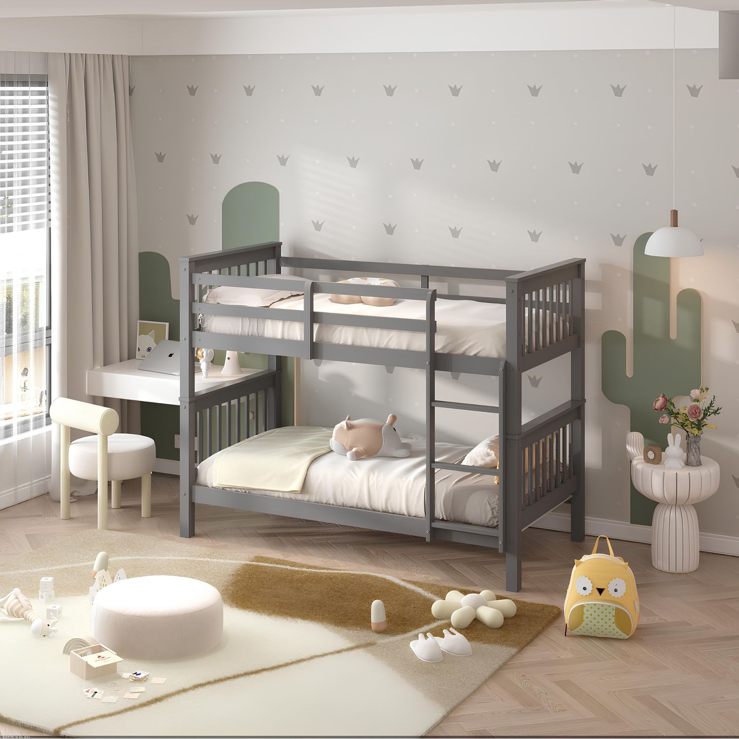 Lily Wooden Bunk Bed with Pull-Out Trundle – Solid Pine Space-Saving Frame – Kids Bedroom Furniture