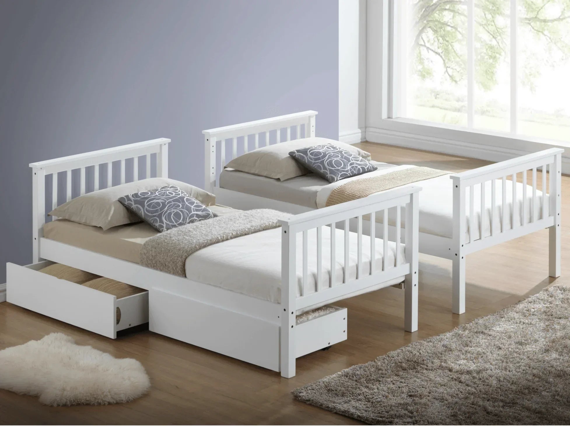 Lily Wooden Bunk Bed with Pull-Out Trundle – Solid Pine Space-Saving Frame – Kids Bedroom Furniture