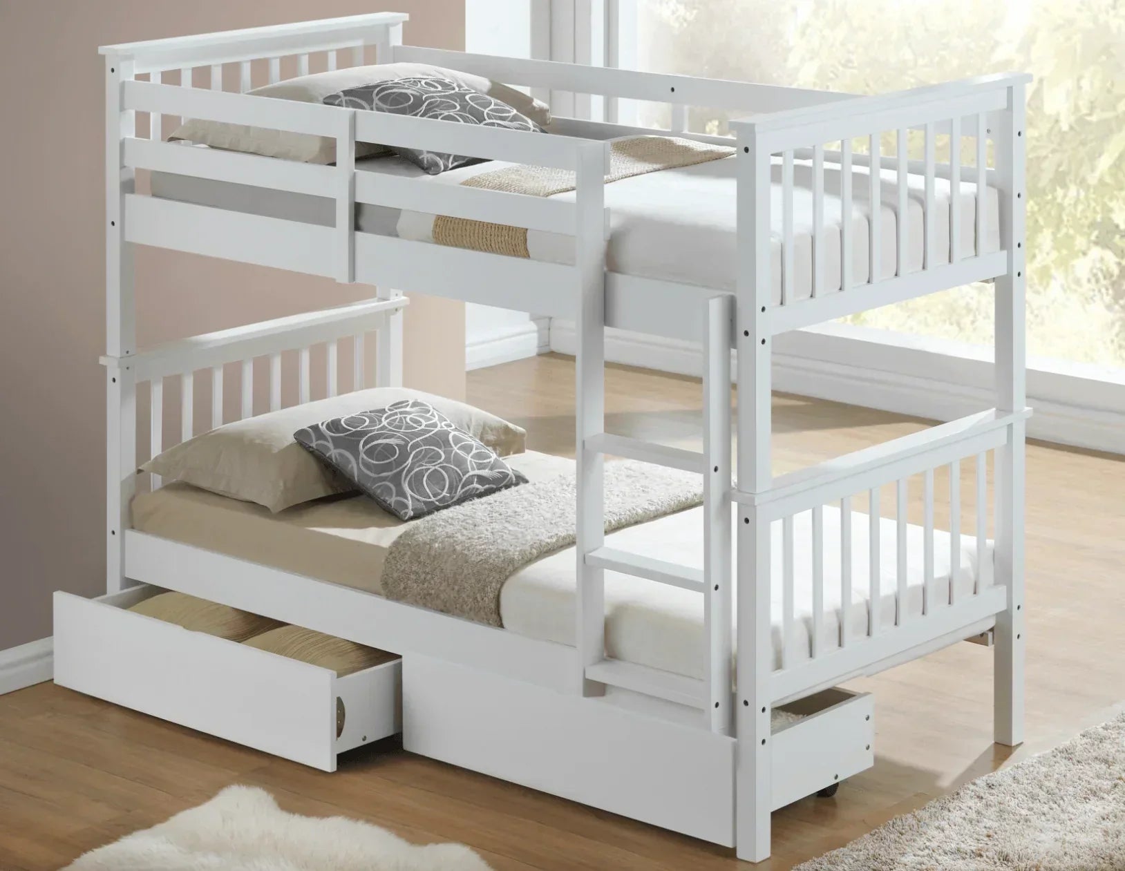 Lily Wooden Bunk Bed with Pull-Out Trundle – Solid Pine Space-Saving Frame – Kids Bedroom Furniture