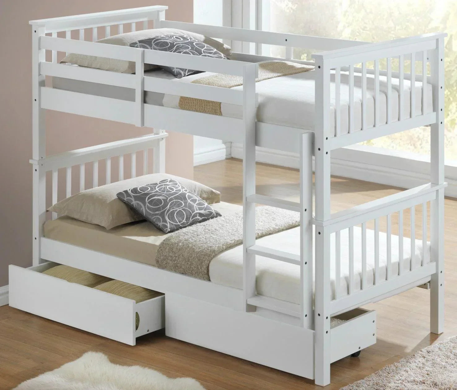 Lily Wooden Bunk Bed with Pull-Out Trundle – Solid Pine Space-Saving Frame – Kids Bedroom Furniture