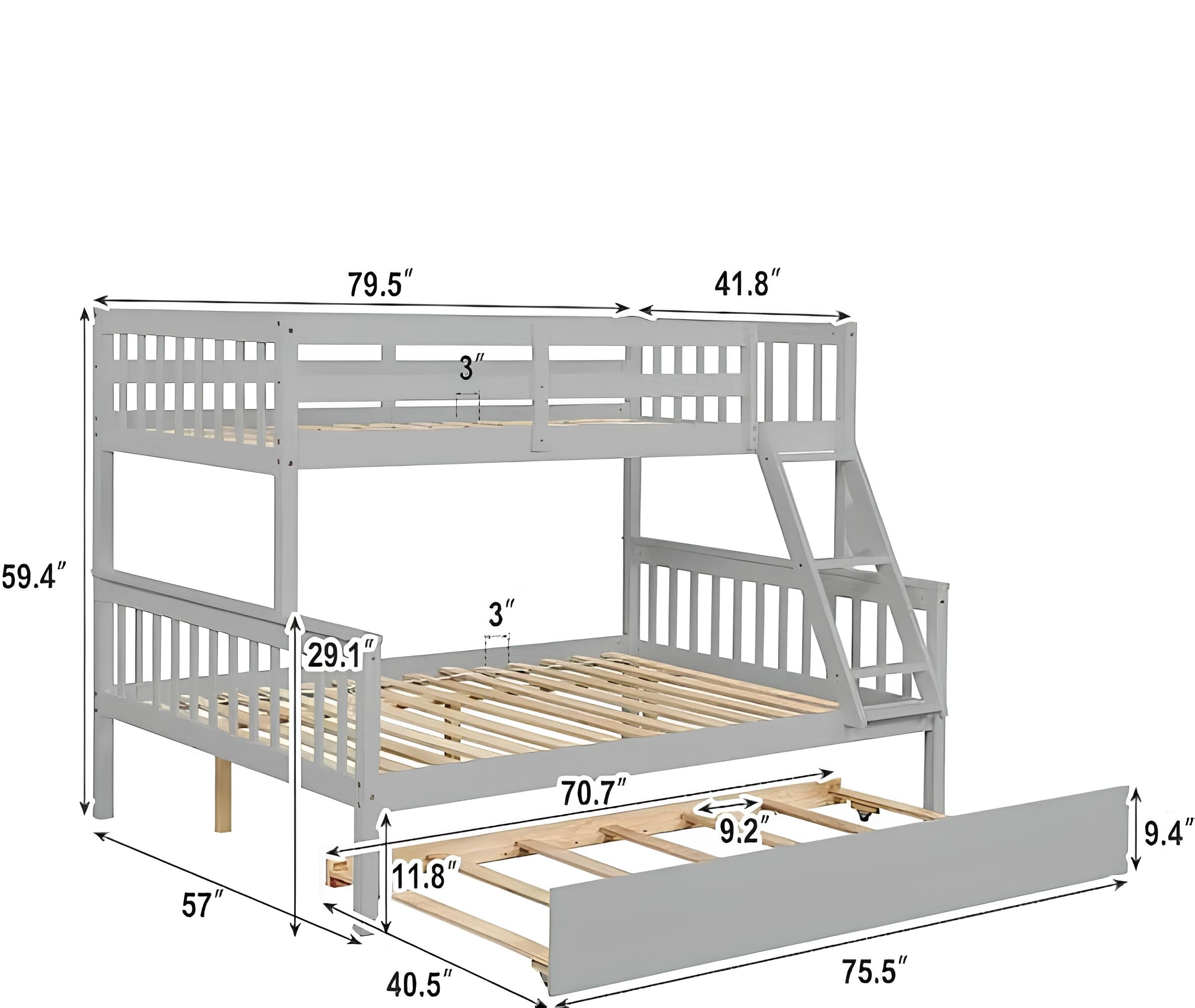 Lily Wooden Trio Bunk Bed with Pull-Out Trundle – Space-Saving Solid Pine Frame – Optional Storage Drawers