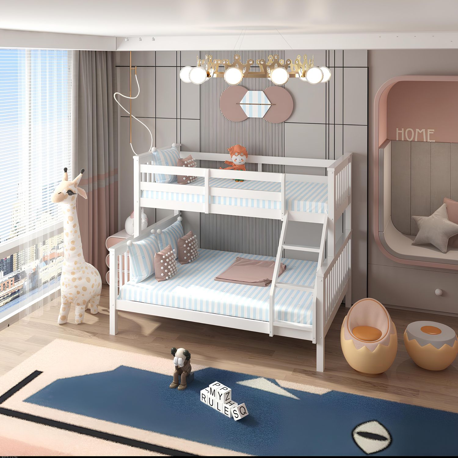 Lily Wooden Trio Bunk Bed with Pull-Out Trundle – Space-Saving Solid Pine Frame – Optional Storage Drawers