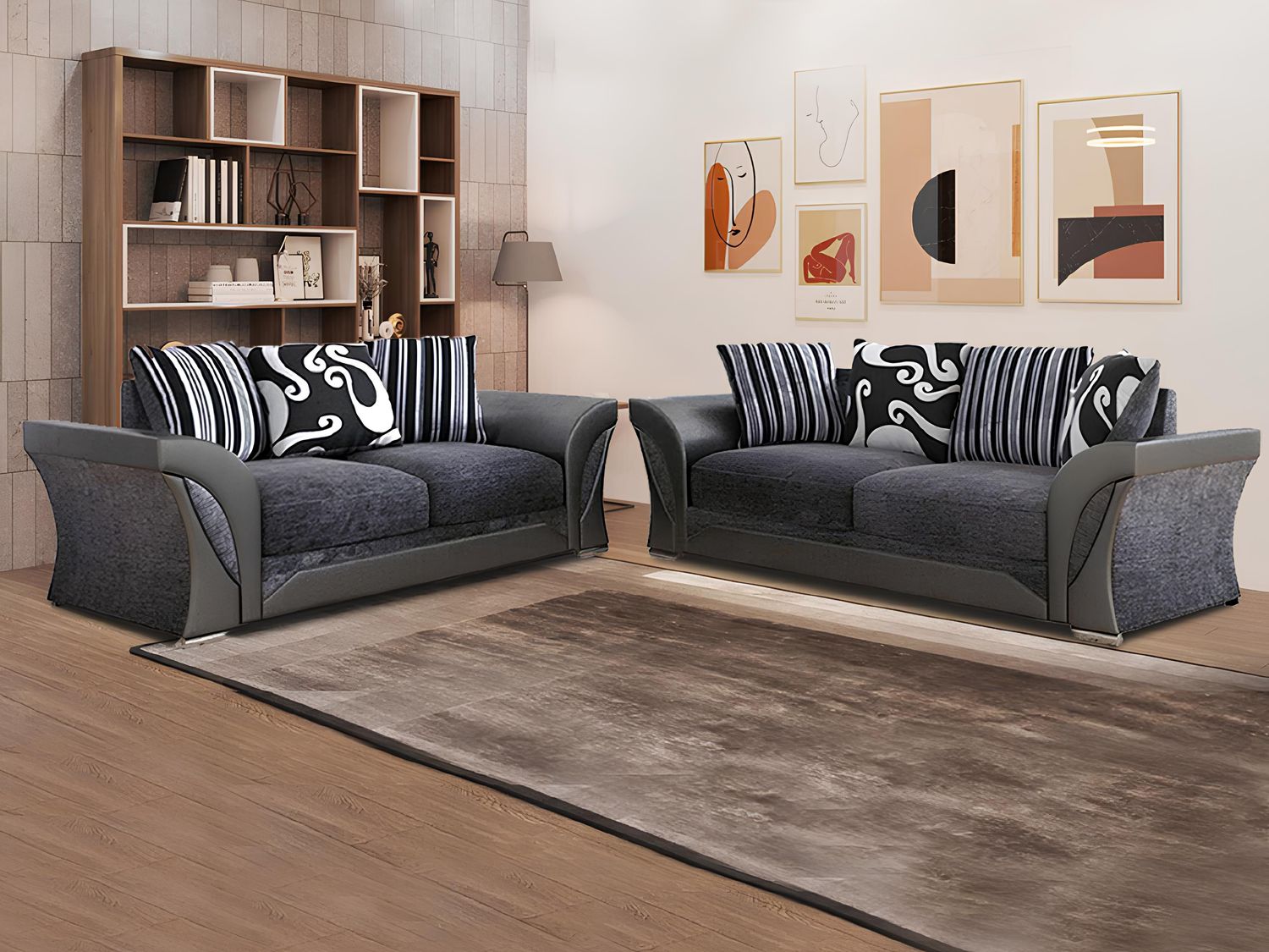 Shannon Chenille Sofa – 2 or 3 Seater – Snake-Pattern Fabric with Scatter Cushions – Black/Grey or Brown/Beige