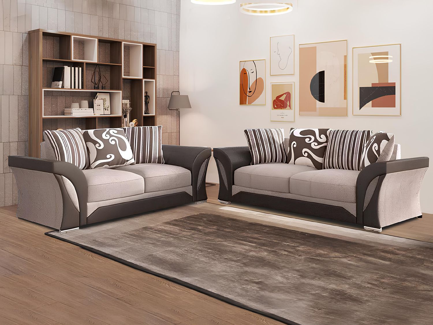 Shannon Chenille Sofa – 2 or 3 Seater – Snake-Pattern Fabric with Scatter Cushions – Black/Grey or Brown/Beige