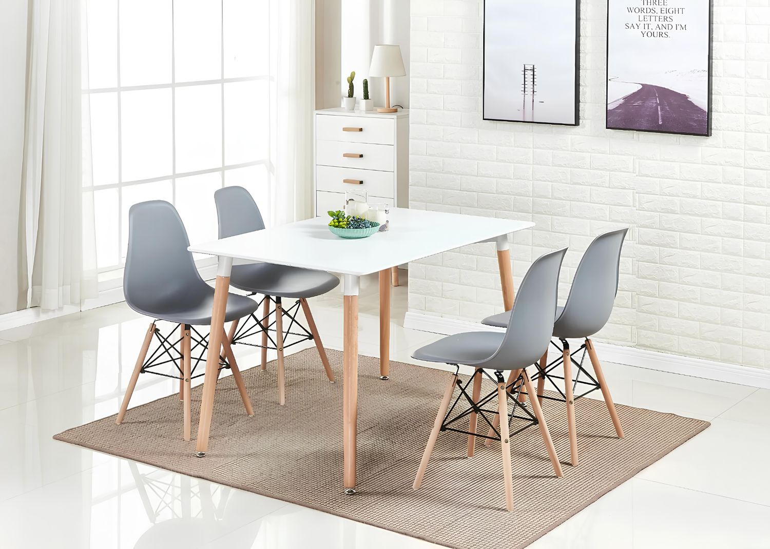 Modern 5-Piece Dining Table and Chairs Set – White Table with Wooden Legs – Seats 4 – Multiple Chair Colours