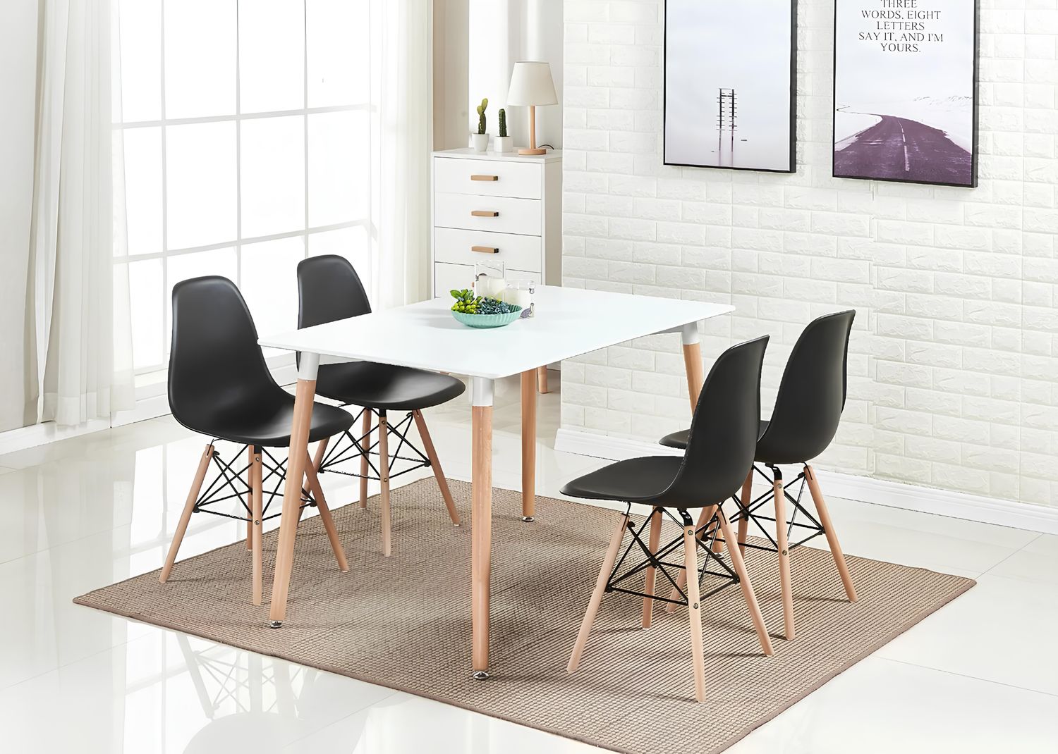 Modern 5-Piece Dining Table and Chairs Set – White Table with Wooden Legs – Seats 4 – Multiple Chair Colours