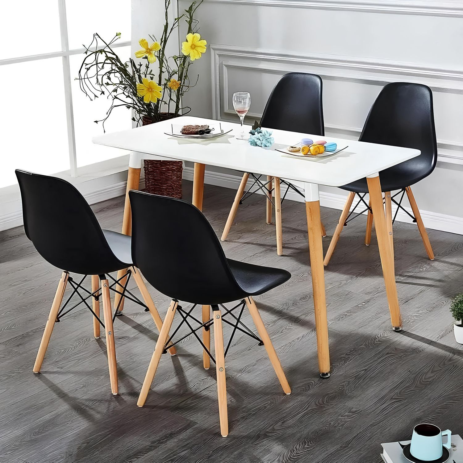 Modern 5-Piece Dining Table and Chairs Set – White Table with Wooden Legs – Seats 4 – Multiple Chair Colours