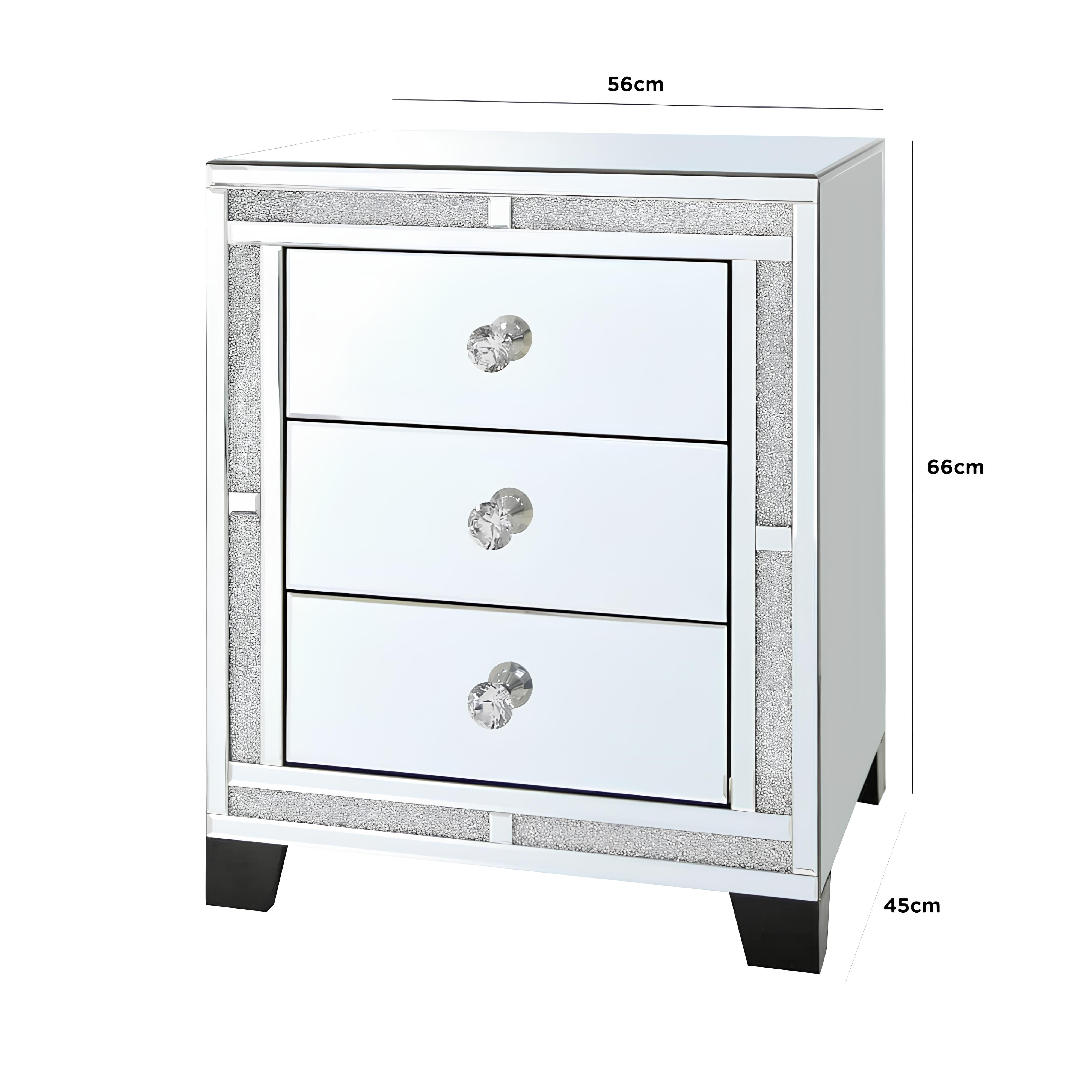 Valencia Mirrored Bedside Table – 3 Drawers – Plain or Crushed Diamond Finish – Pre-Assembled