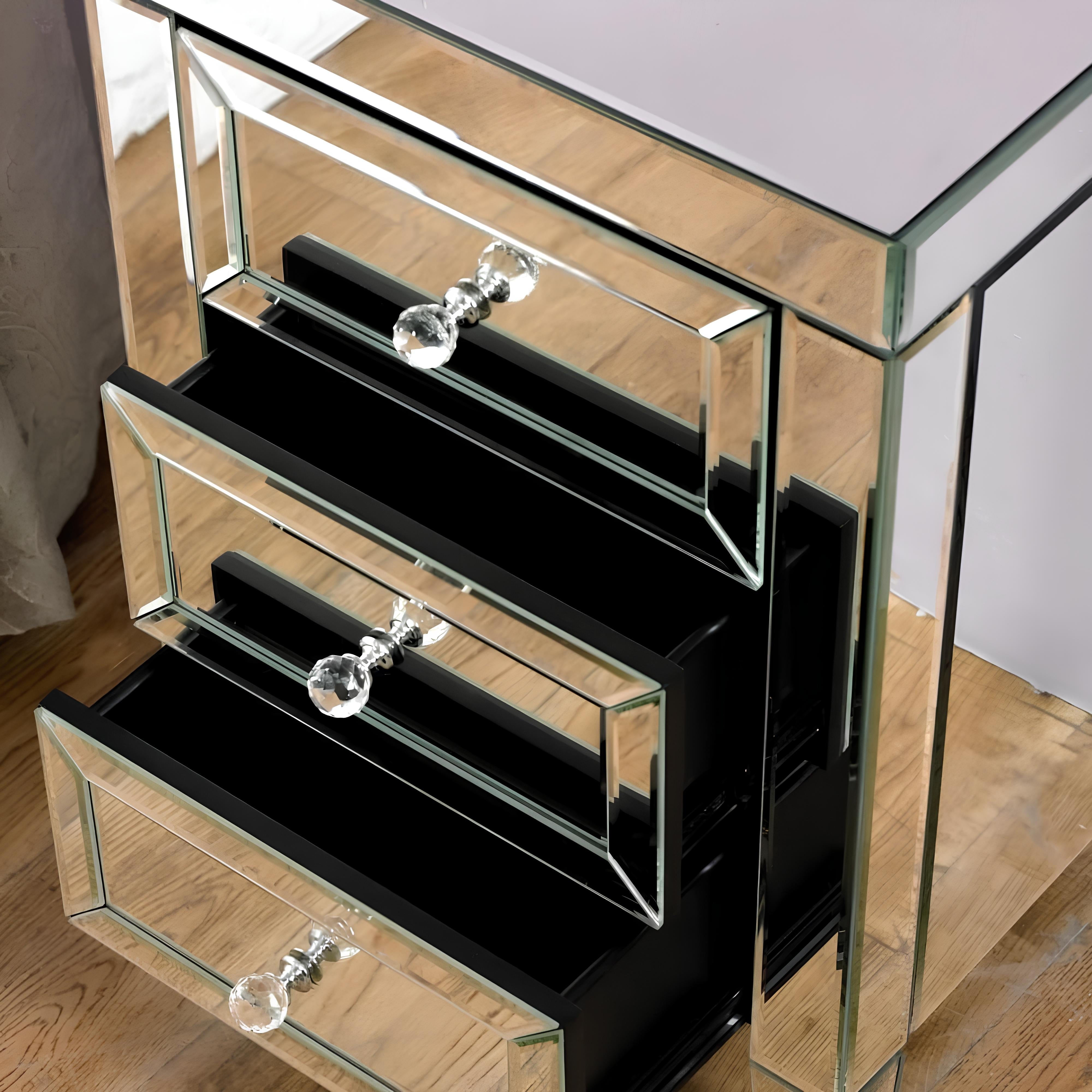 Valencia Mirrored Bedside Table – 3 Drawers – Plain or Crushed Diamond Finish – Pre-Assembled