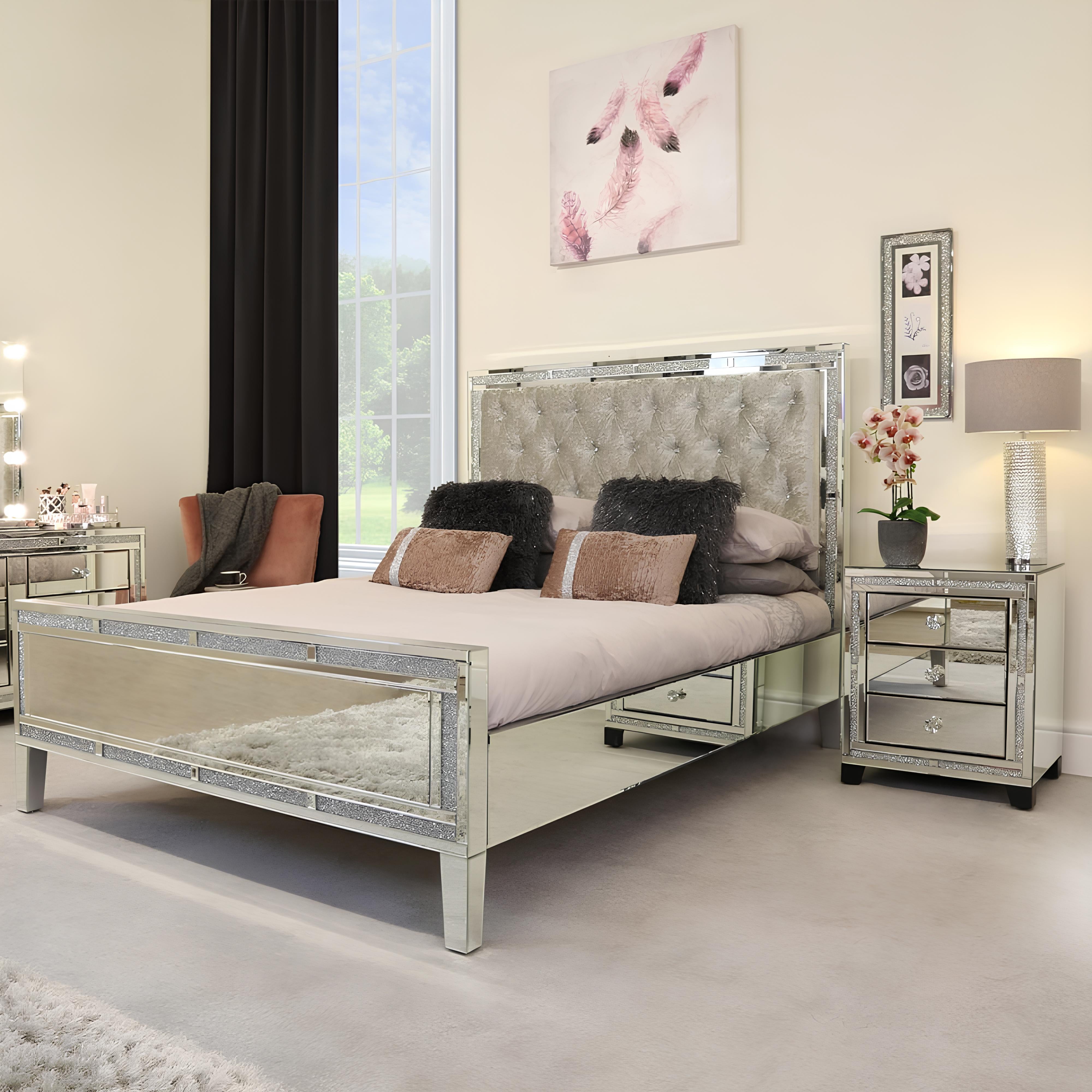 Valencia Mirrored Bedside Table – 3 Drawers – Plain or Crushed Diamond Finish – Pre-Assembled