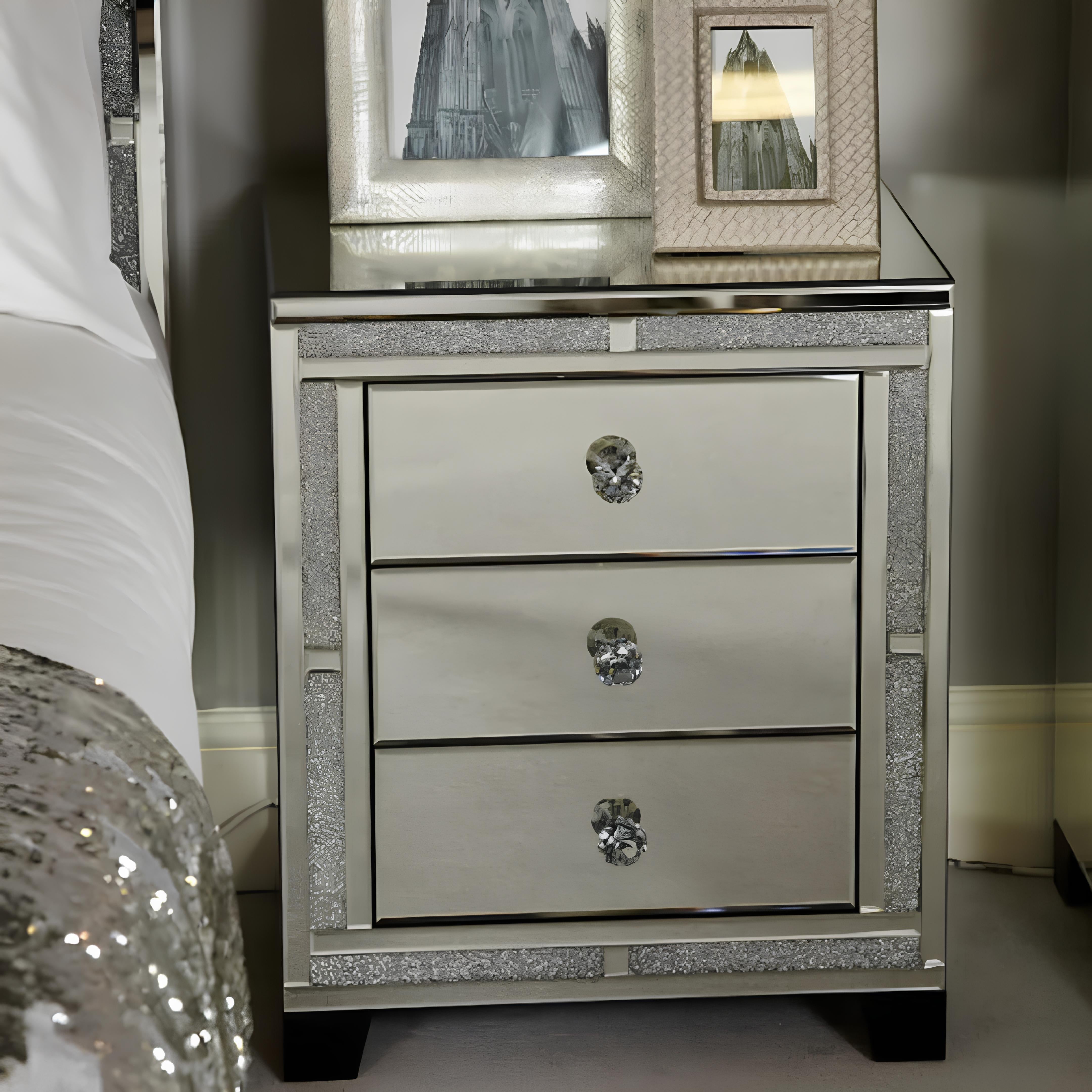 Valencia Mirrored Bedside Table – 3 Drawers – Plain or Crushed Diamond Finish – Pre-Assembled