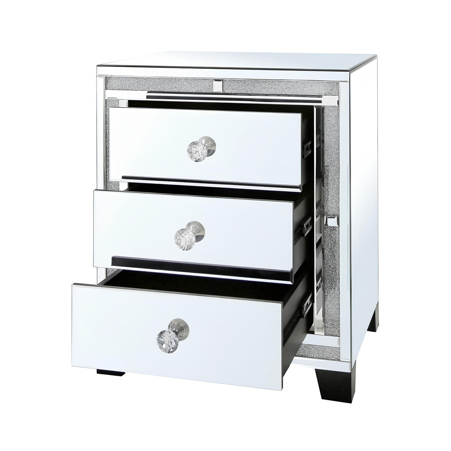 Valencia Mirrored Bedside Table – 3 Drawers – Plain or Crushed Diamond Finish – Pre-Assembled