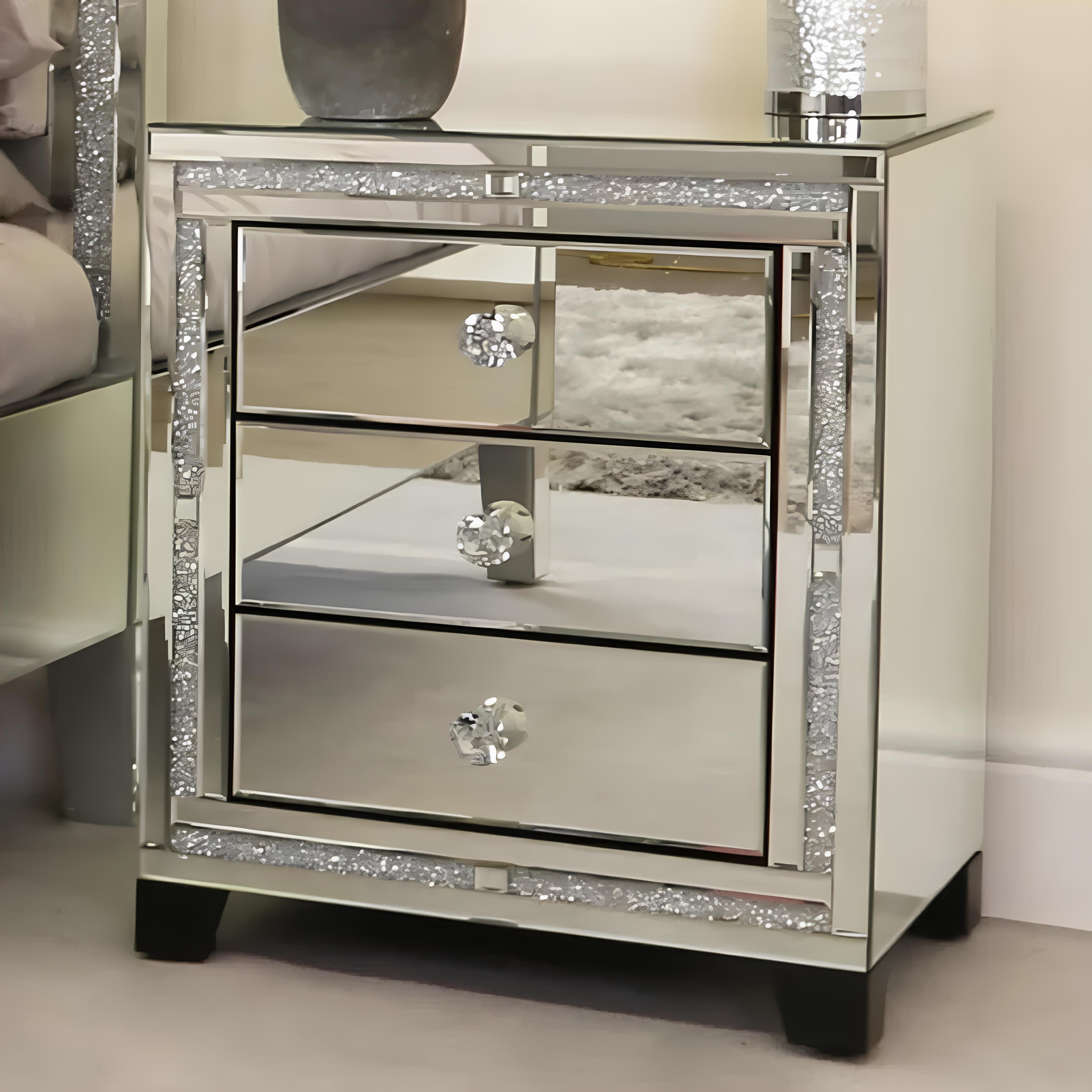 Valencia Mirrored Bedside Table – 3 Drawers – Plain or Crushed Diamond Finish – Pre-Assembled