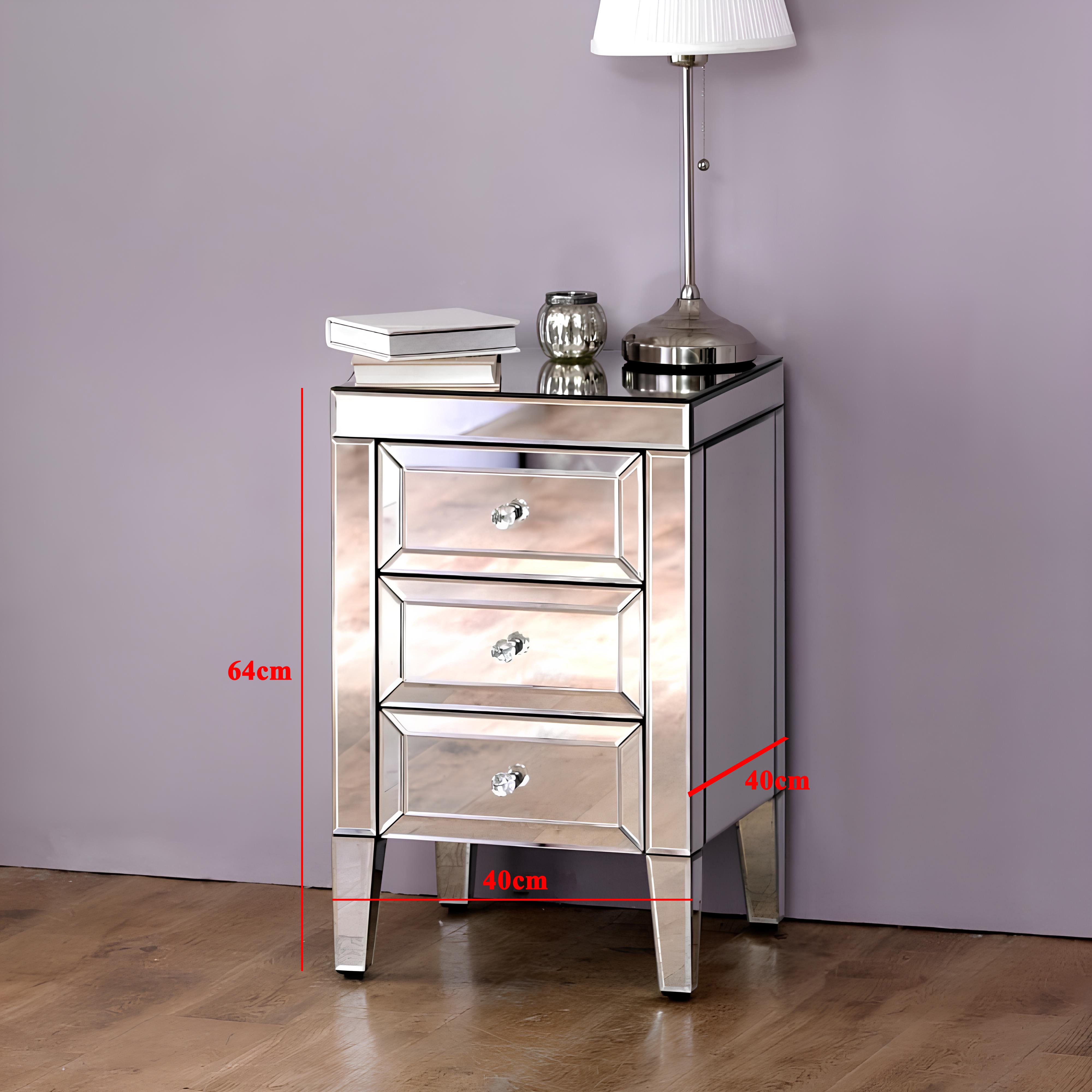 Valencia Mirrored Bedside Table – 3 Drawers – Plain or Crushed Diamond Finish – Pre-Assembled