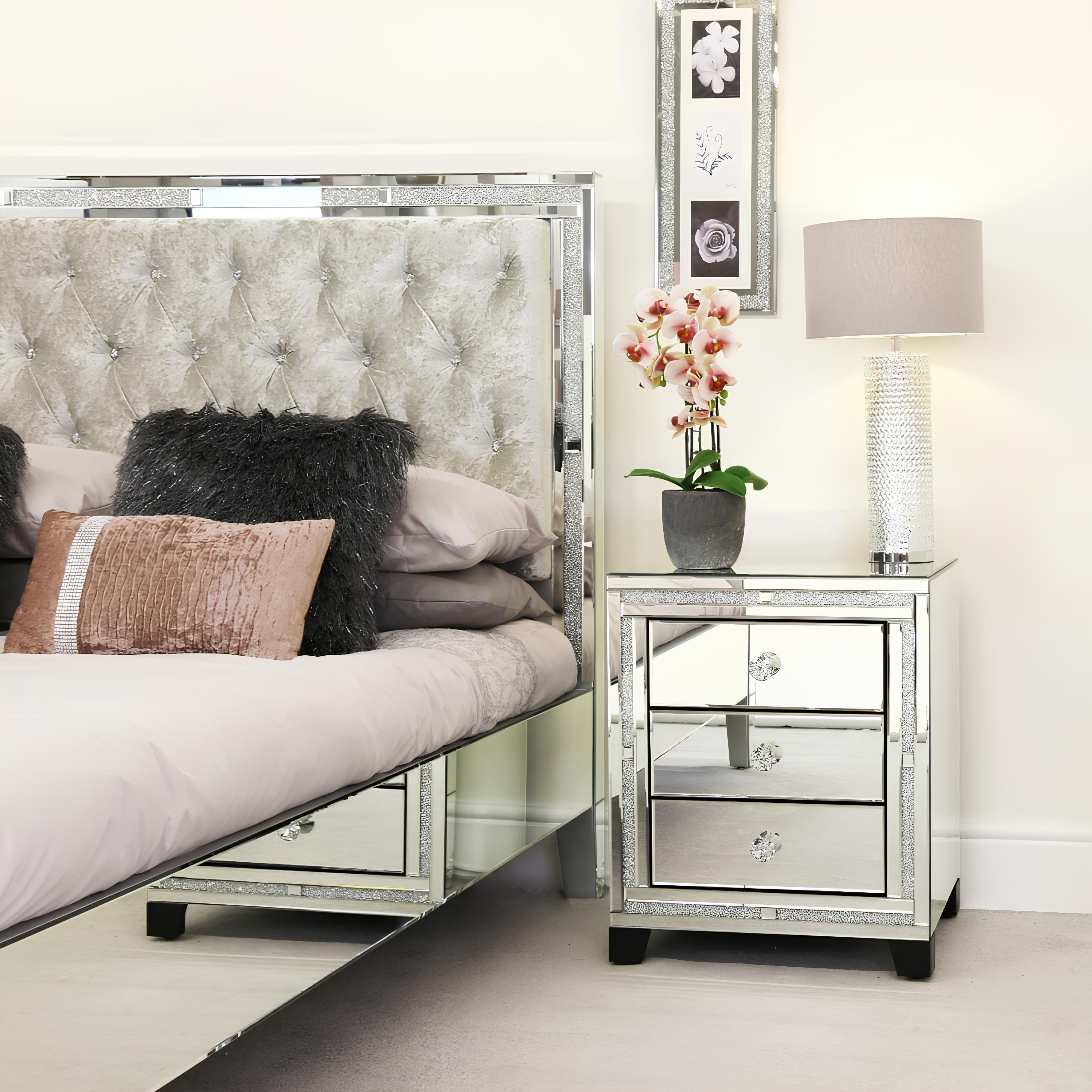 Valencia Mirrored Bedside Table – 3 Drawers – Plain or Crushed Diamond Finish – Pre-Assembled