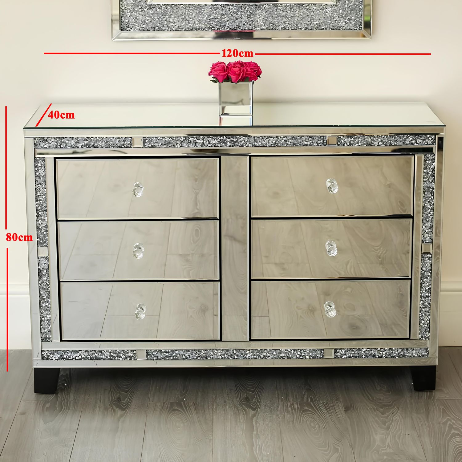 Valencia Mirrored Chest of 6 Drawers – Plain or Crushed Diamond Finish – Silver Glass with Crystal Handles – Pre-Assembled