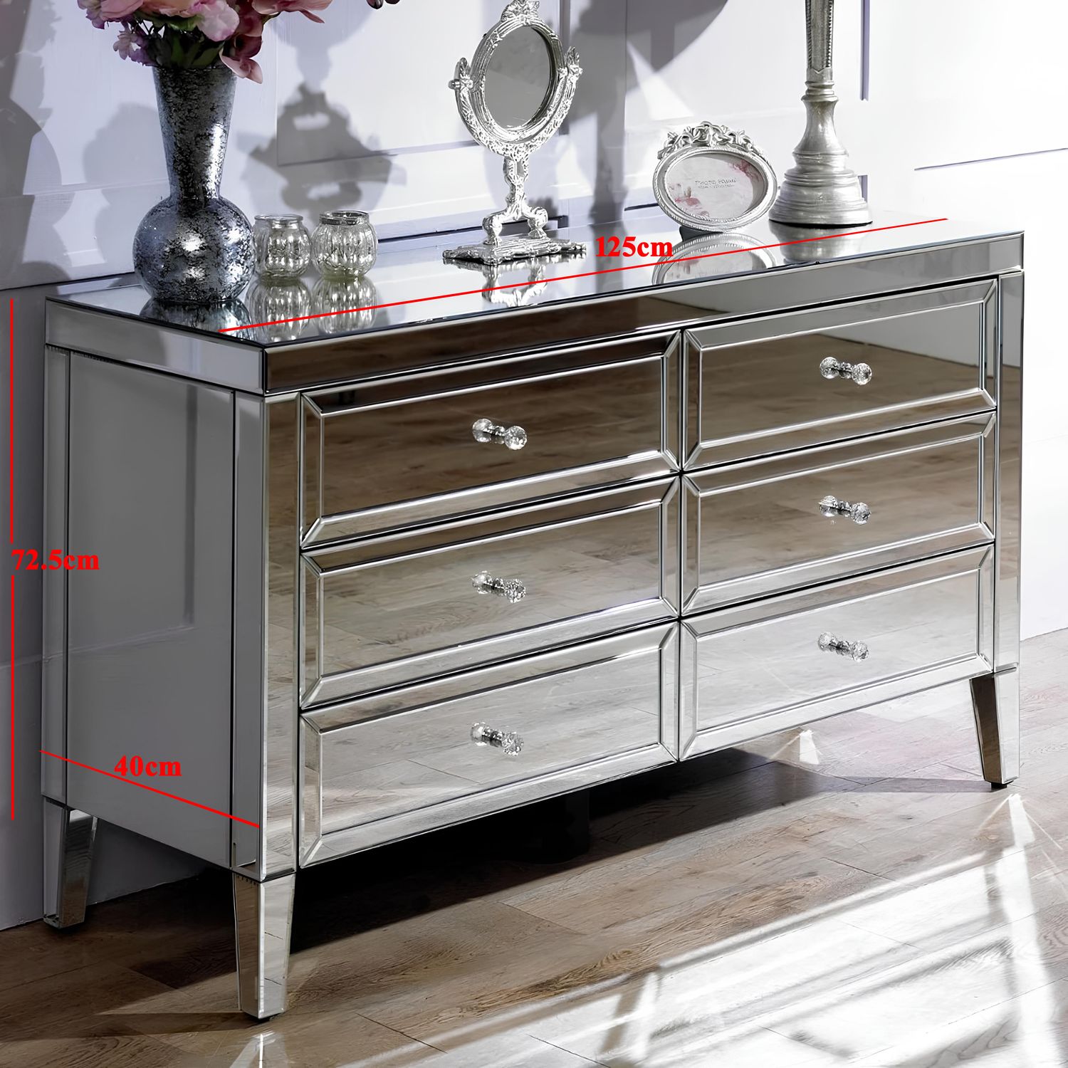 Valencia Mirrored Chest of 6 Drawers – Plain or Crushed Diamond Finish – Silver Glass with Crystal Handles – Pre-Assembled