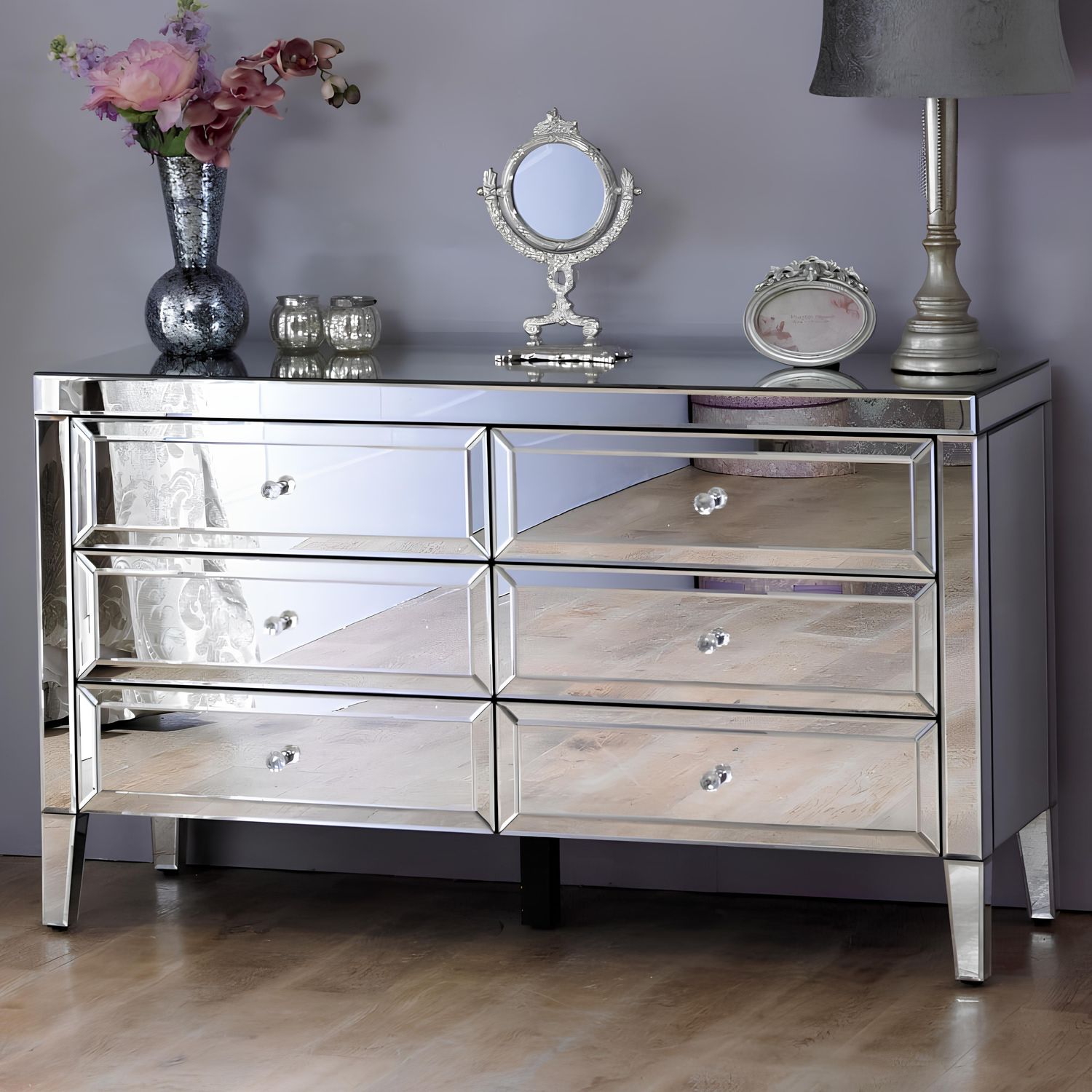 Valencia Mirrored Chest of 6 Drawers – Plain or Crushed Diamond Finish – Silver Glass with Crystal Handles – Pre-Assembled
