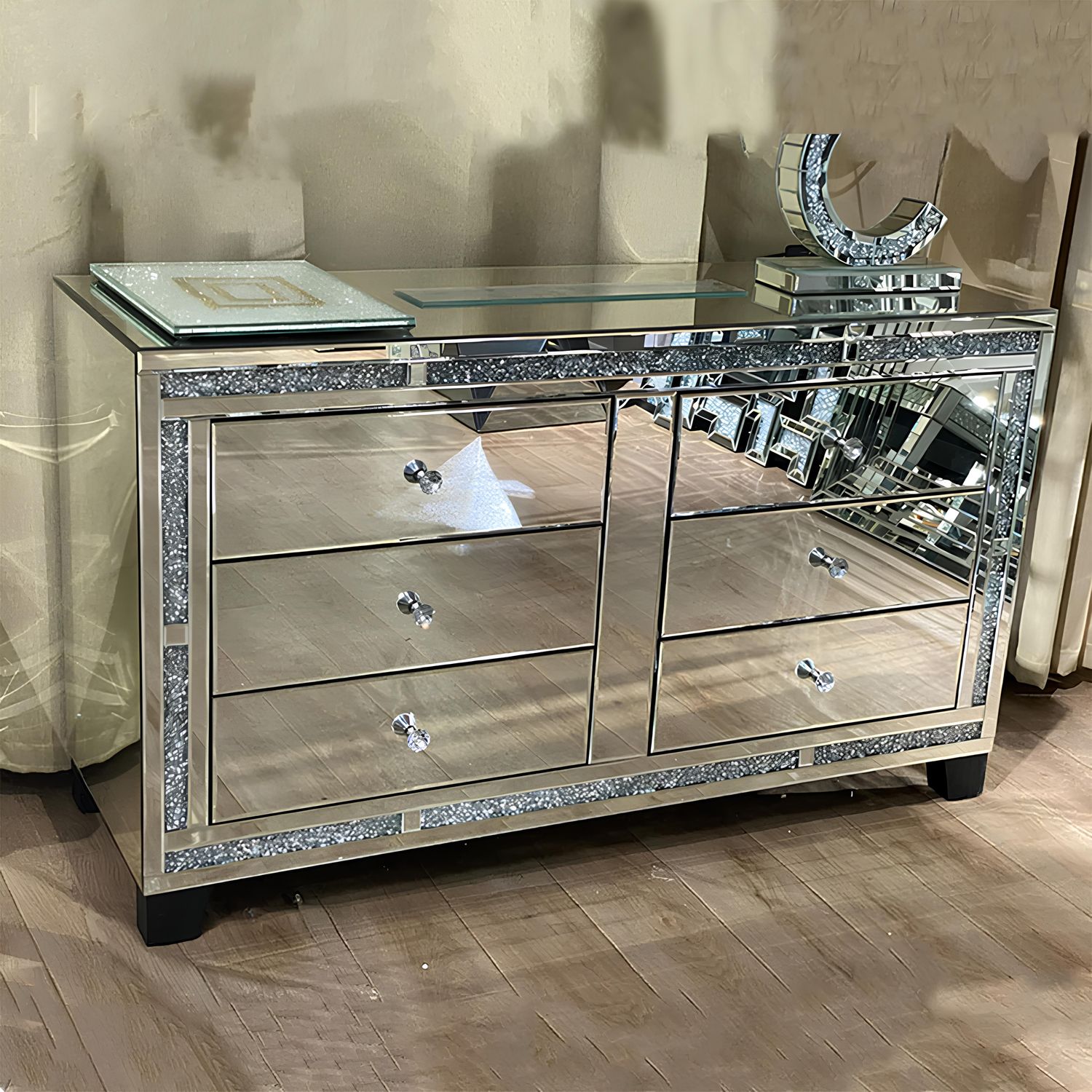 Valencia Mirrored Chest of 6 Drawers – Plain or Crushed Diamond Finish – Silver Glass with Crystal Handles – Pre-Assembled