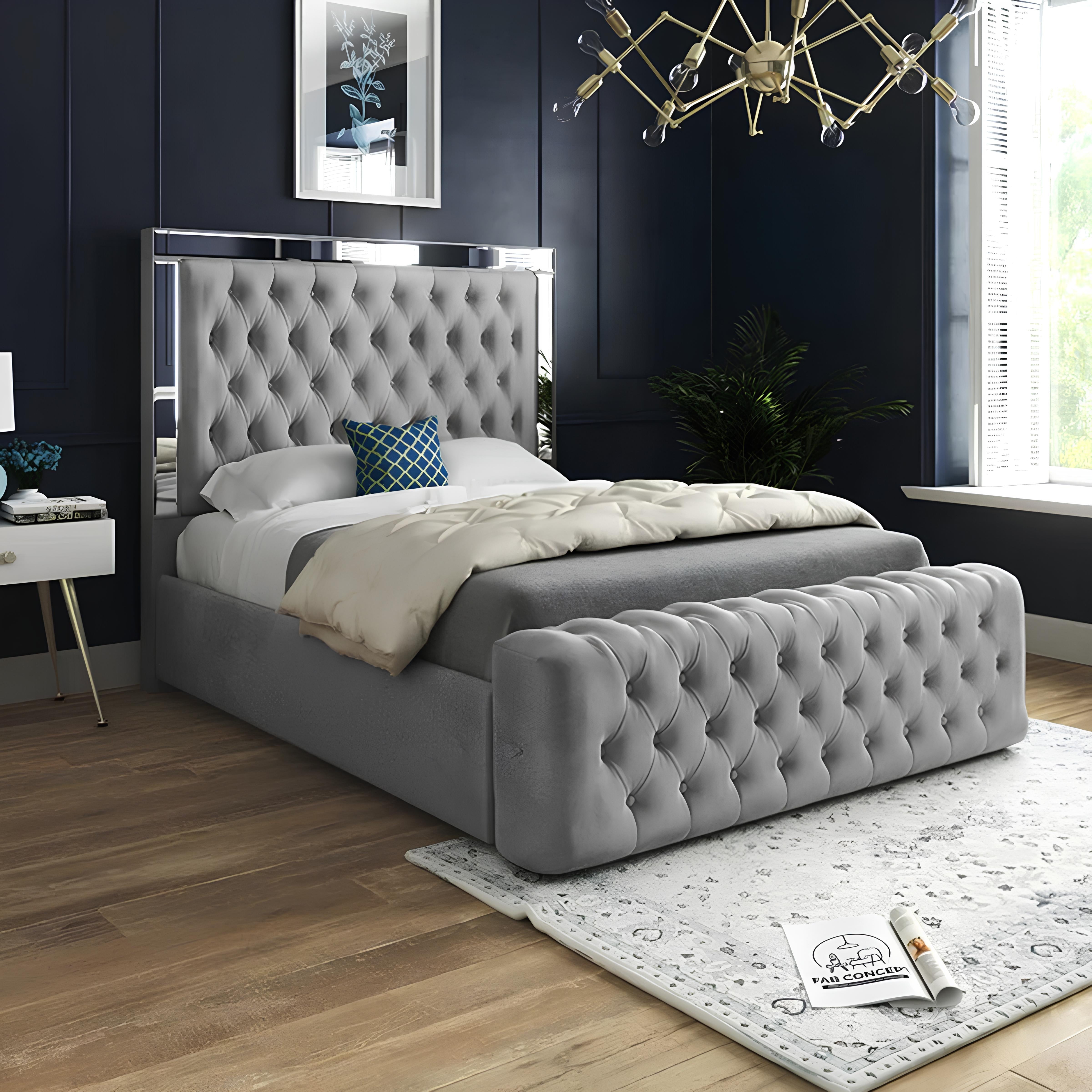 Plush Velvet Ottoman Storage Bed with Gas Lift – Double or King Size – Blue, Black, or Grey