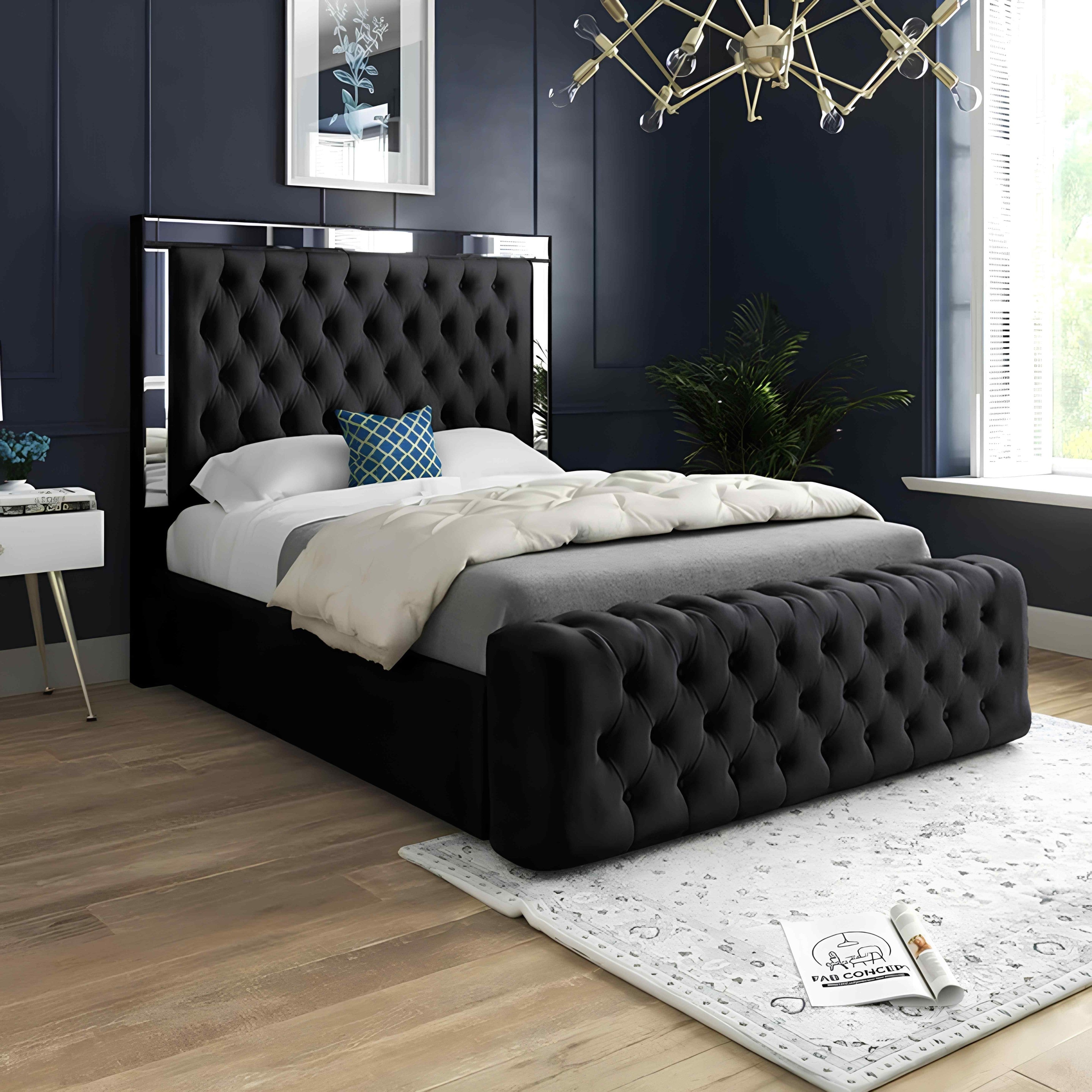 Plush Velvet Ottoman Storage Bed with Gas Lift – Double or King Size – Blue, Black, or Grey