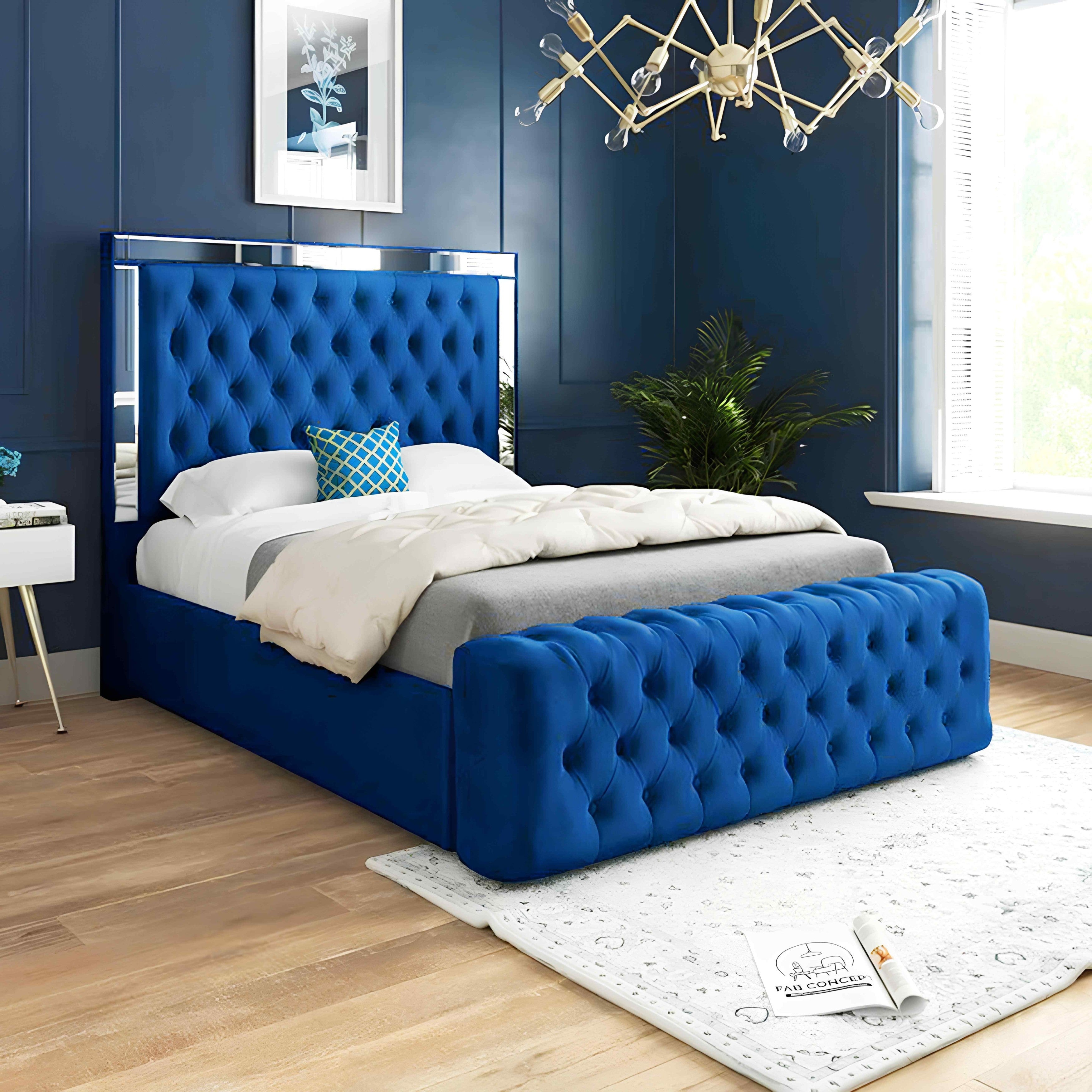 Plush Velvet Ottoman Storage Bed with Gas Lift – Double or King Size – Blue, Black, or Grey