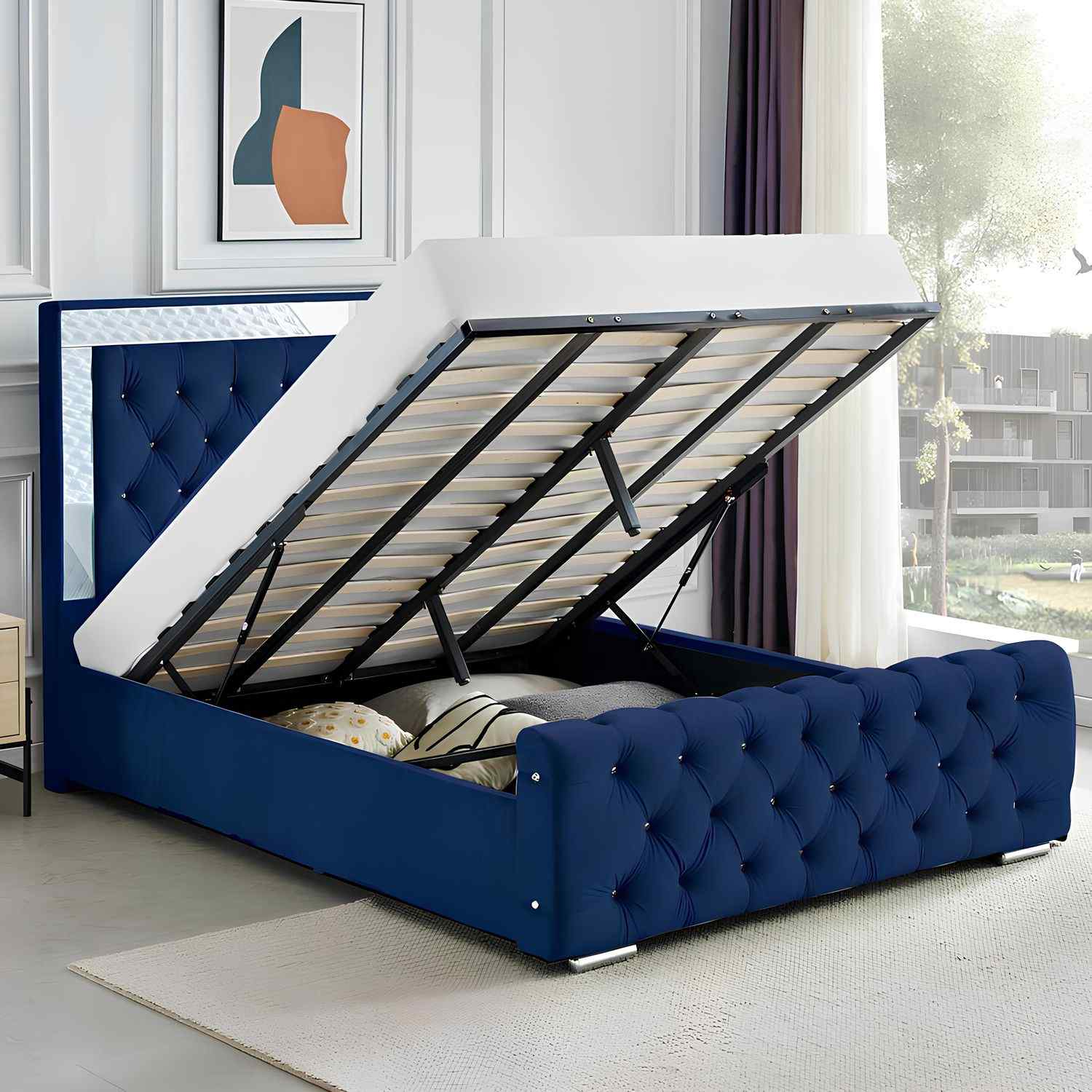 Plush Velvet Ottoman Storage Bed with Gas Lift – Double or King Size – Blue, Black, or Grey