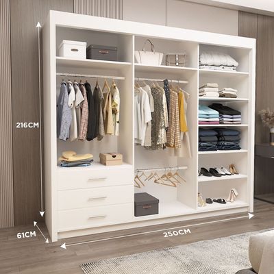 Milan Full Mirror Sliding Door Wardrobe – 2 or 3 Doors – Multiple Sizes & Colours – Shelves, Rails, Drawers
