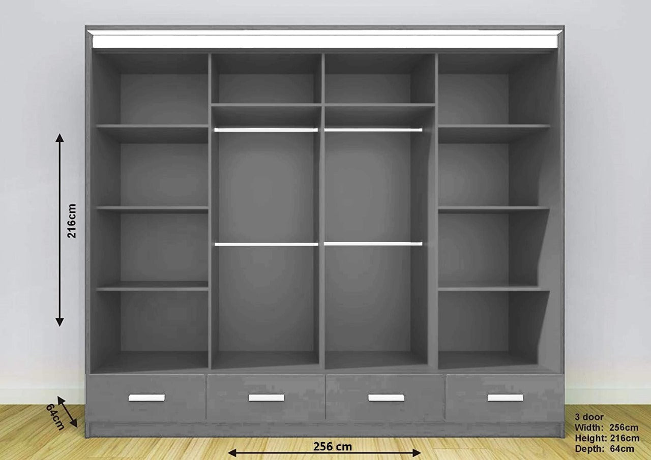 Florence High Gloss Sliding Door Wardrobe with Mirrors – LED Lighting, Drawers, and Smart Storage – 205cm & 256cm Options