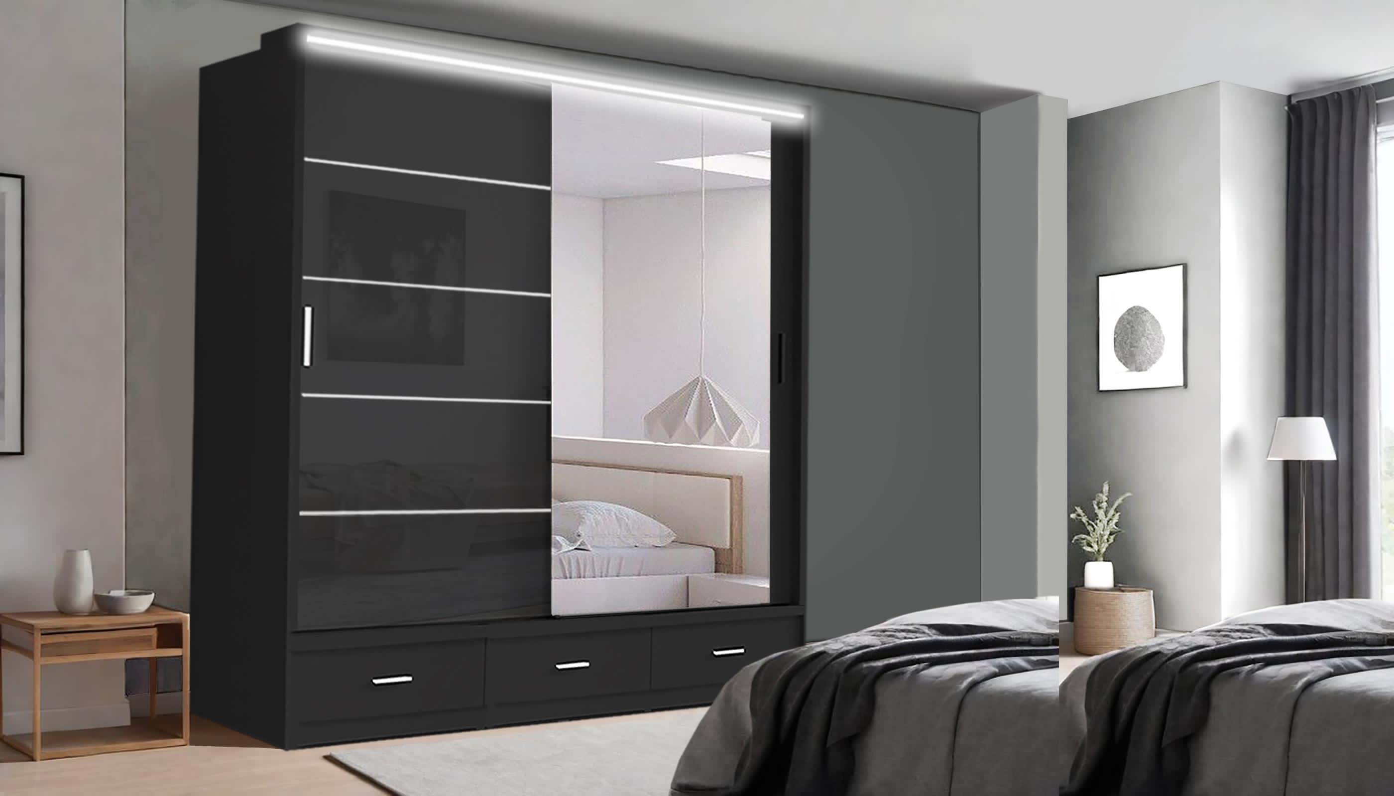 Florence High Gloss Sliding Door Wardrobe with Mirrors – LED Lighting, Drawers, and Smart Storage – 205cm & 256cm Options