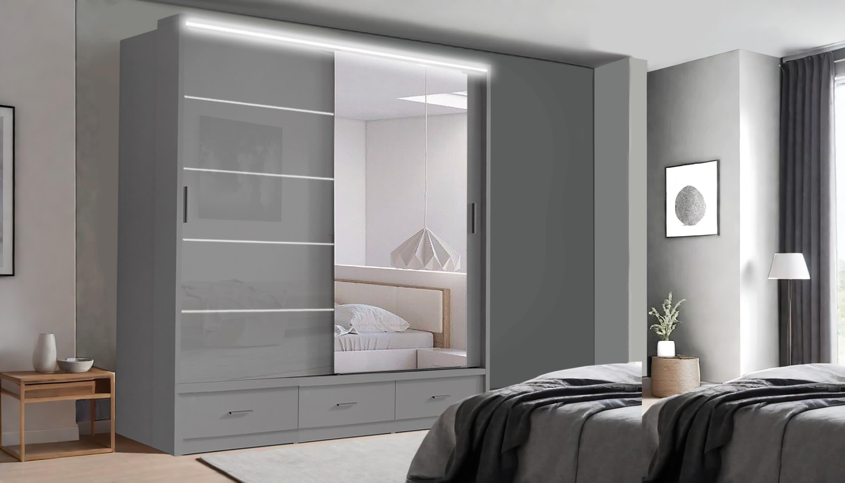 Florence High Gloss Sliding Door Wardrobe with Mirrors – LED Lighting, Drawers, and Smart Storage – 205cm & 256cm Options