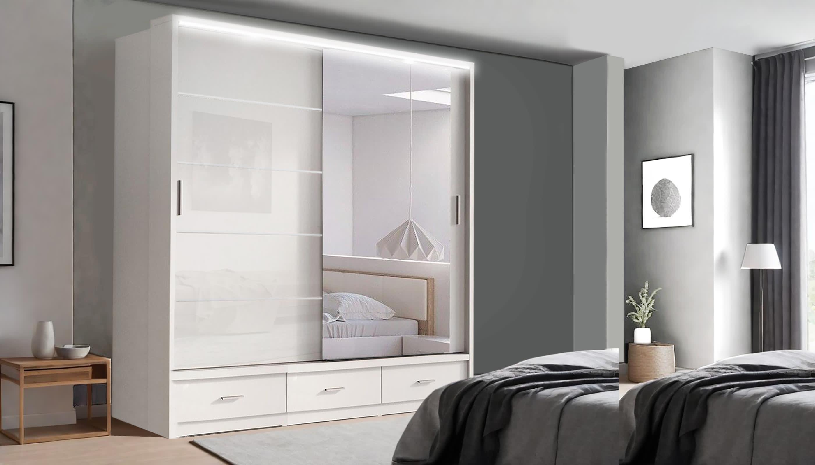 Florence High Gloss Sliding Door Wardrobe with Mirrors – LED Lighting, Drawers, and Smart Storage – 205cm & 256cm Options
