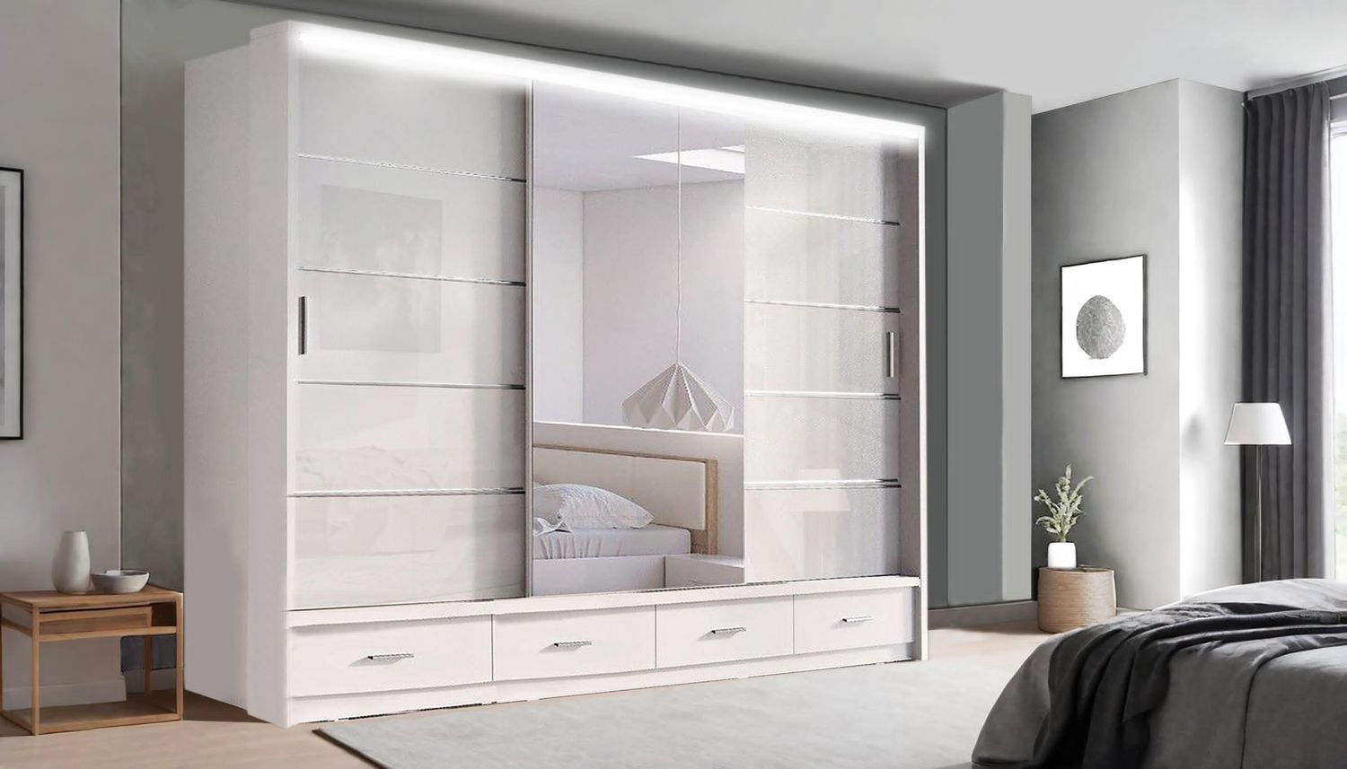 Florence High Gloss Sliding Door Wardrobe with Mirrors – LED Lighting, Drawers, and Smart Storage – 205cm & 256cm Options
