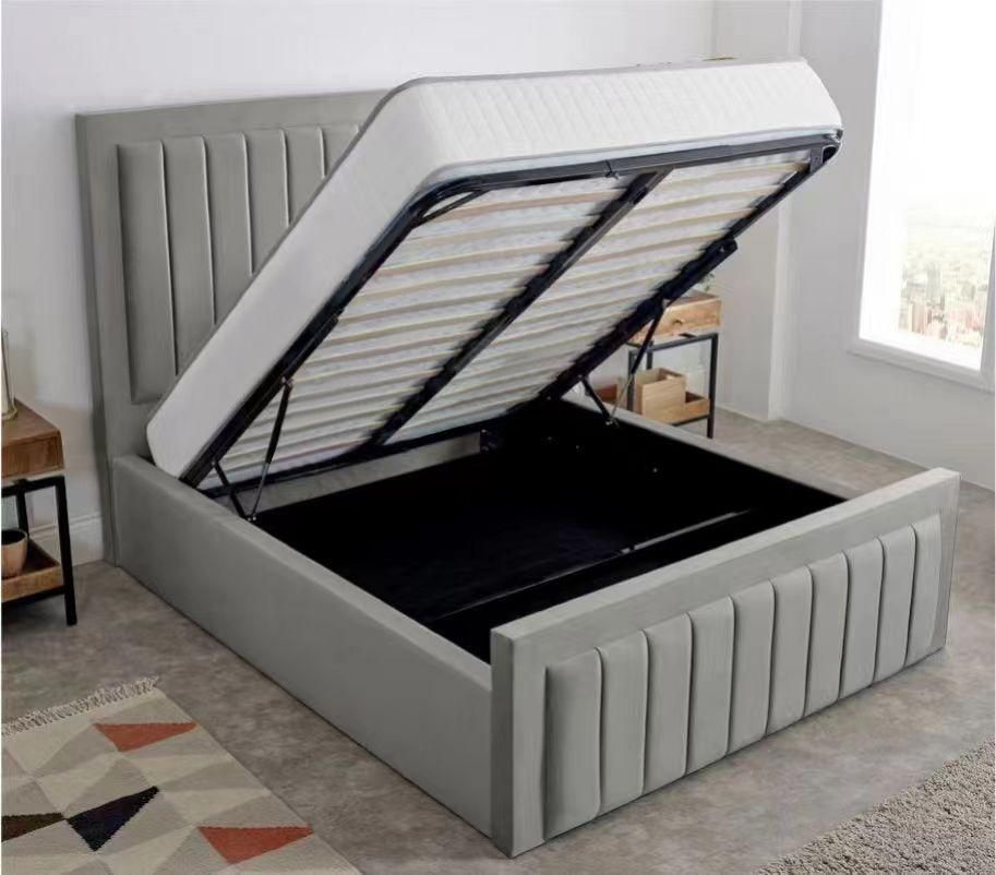Lilly Ottoman Double Bed Frame – Plush Velvet Upholstered Panel Design with Gas Lift Storage – Grey or Beige