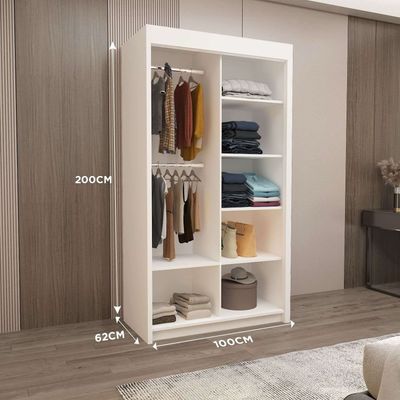 Milan Full Mirror Sliding Door Wardrobe – 2 or 3 Doors – Multiple Sizes & Colours – Shelves, Rails, Drawers