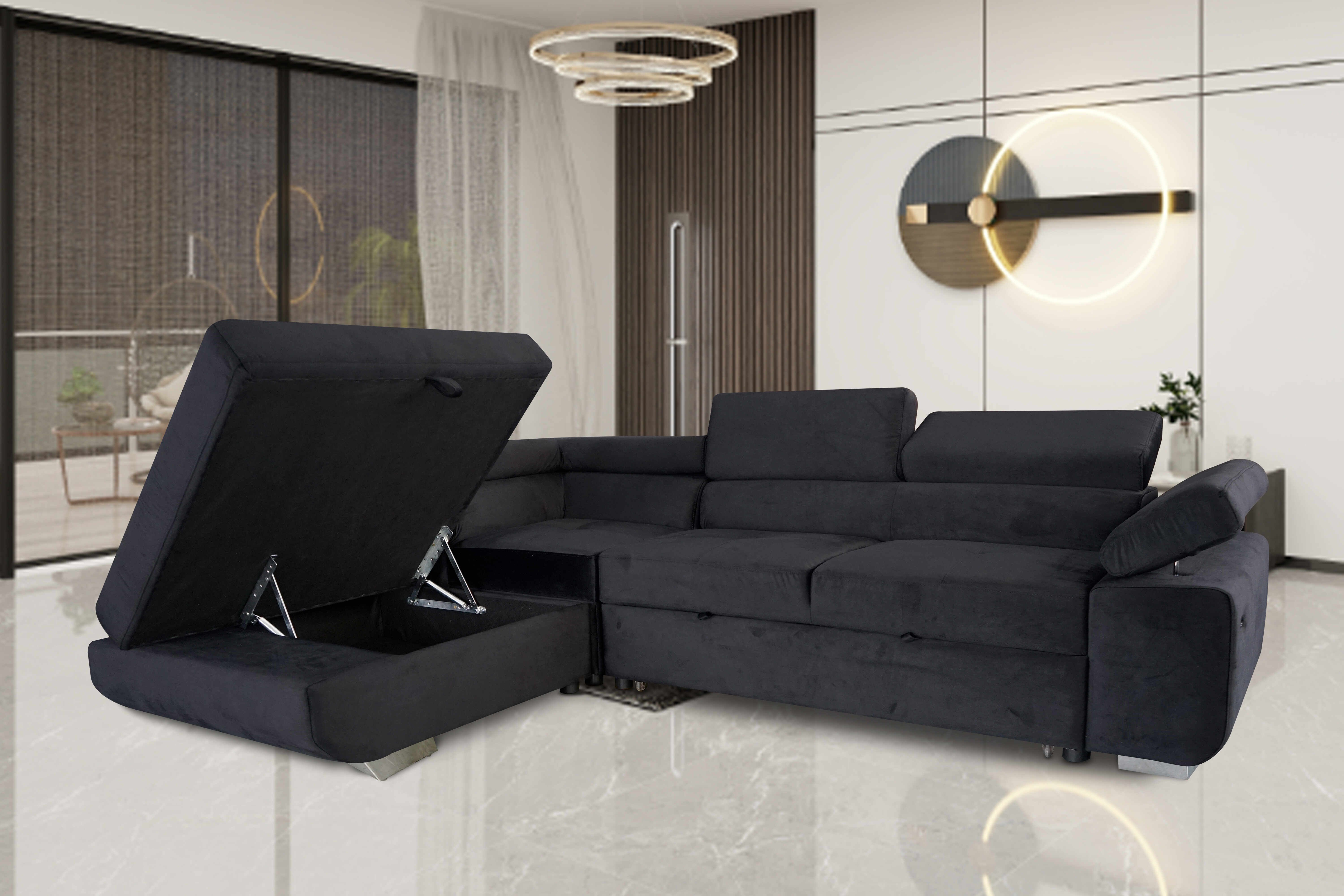 ARTIC Corner Sofa Bed with Storage & USB Charging – Pull-Out Double Bed with Adjustable Headrests – Left or Right-Hand Facing