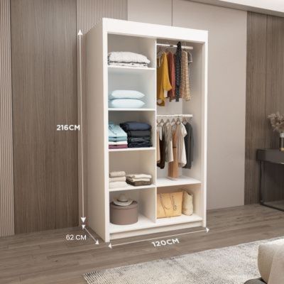 LYON Sliding Door Wardrobe with Mirror – 2 or 3 Doors – Multiple Sizes & Colours – Shelves, Rails & Drawers