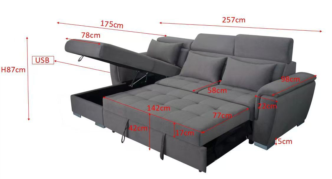 Antonio Velvet Corner Sofa Bed with Storage & USB – Universal Side, Medium Firm, Double Sleeper