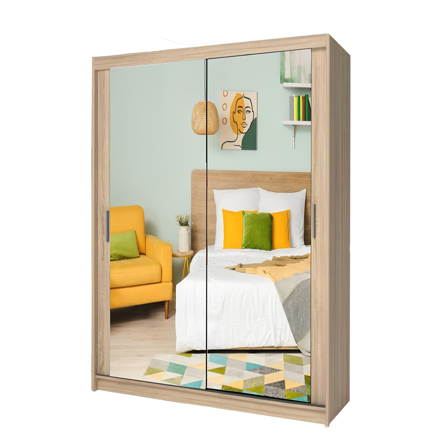 Milan Full Mirror Sliding Door Wardrobe – 2 or 3 Doors – Multiple Sizes & Colours – Shelves, Rails, Drawers
